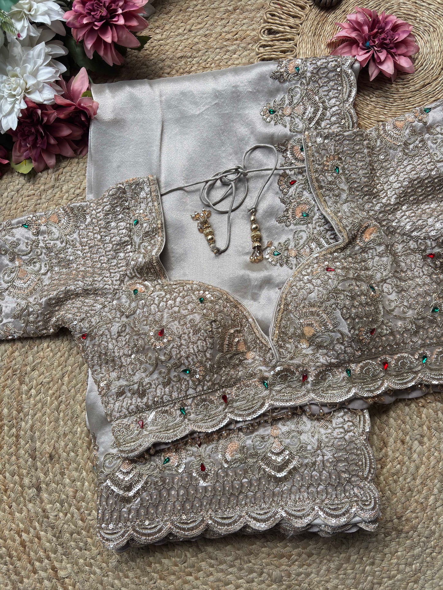 Silver Grey Embroidered Saree with Jewel Embellished Designer Blouse
