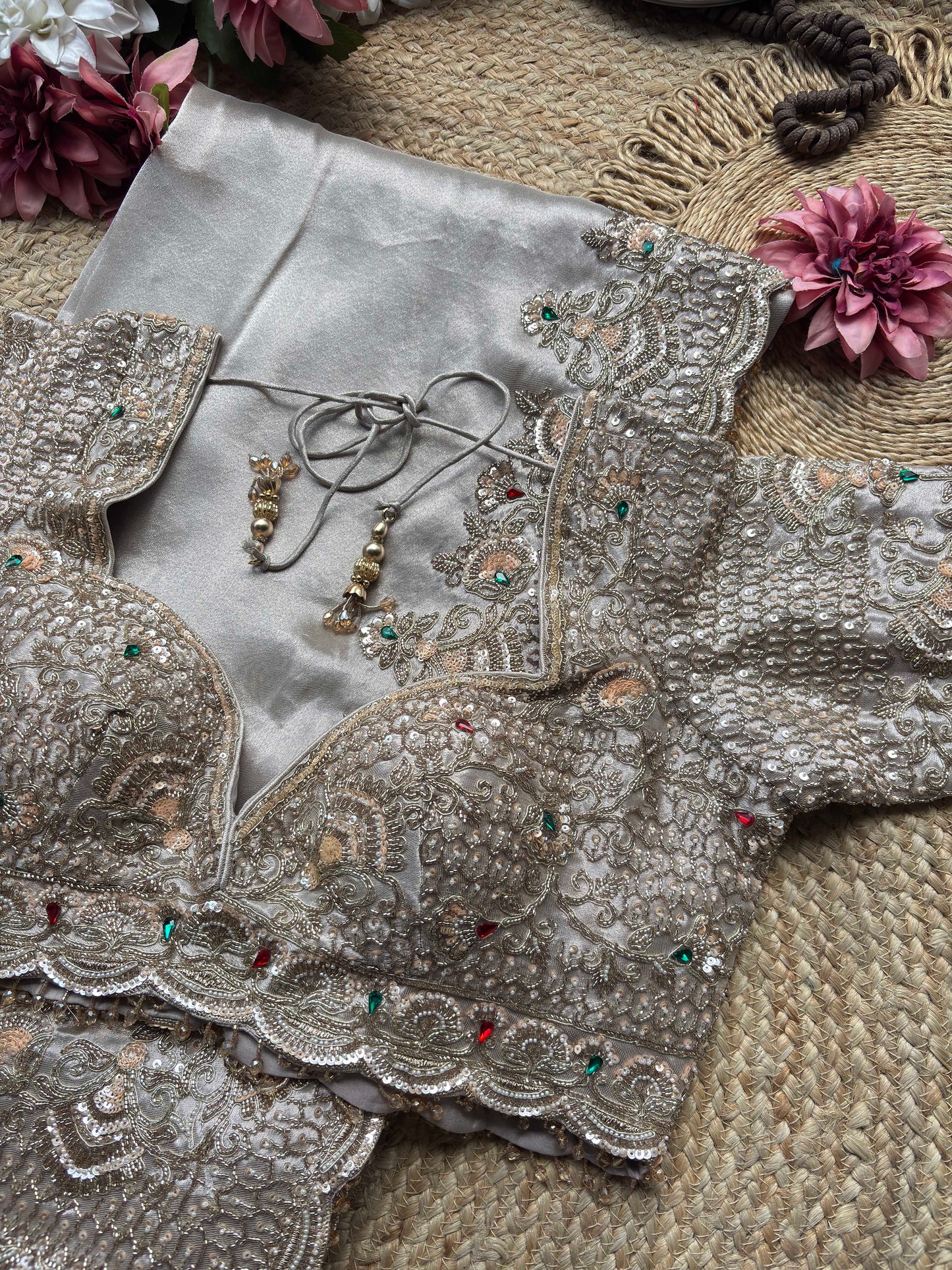Silver Grey Embroidered Saree with Jewel Embellished Designer Blouse