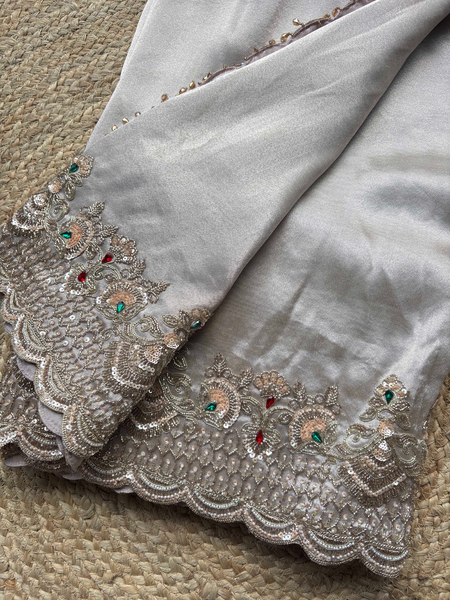 Silver Grey Embroidered Saree with Jewel Embellished Designer Blouse