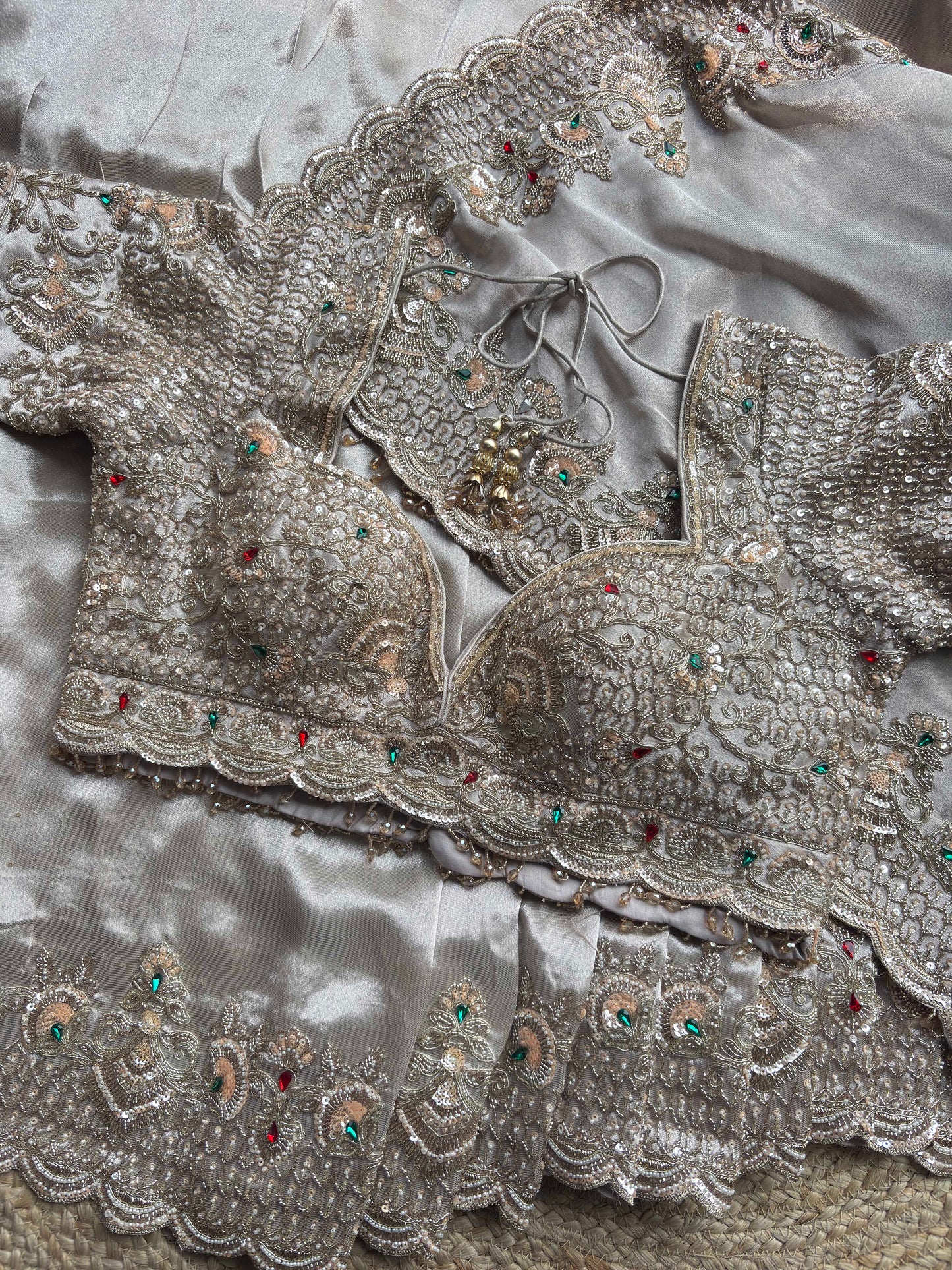 Silver Grey Embroidered Saree with Jewel Embellished Designer Blouse