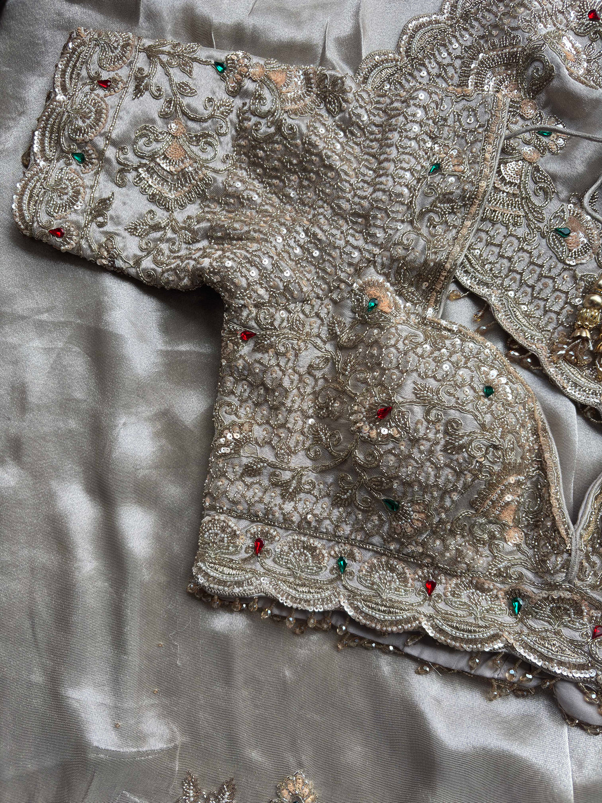 Silver Grey Embroidered Saree with Jewel Embellished Designer Blouse