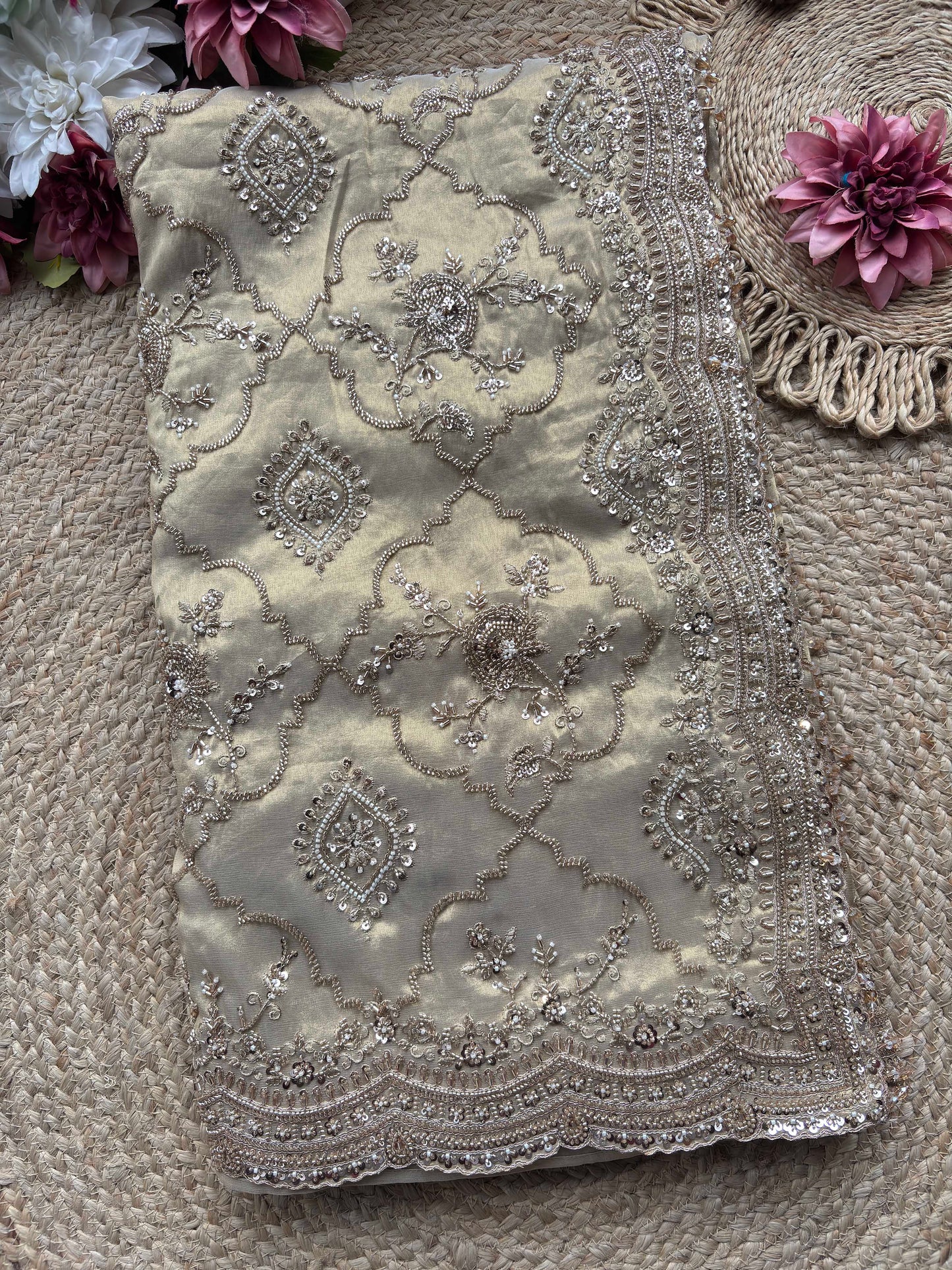 Champagne Beige Heavy Embroidered Saree with Designer Blouse