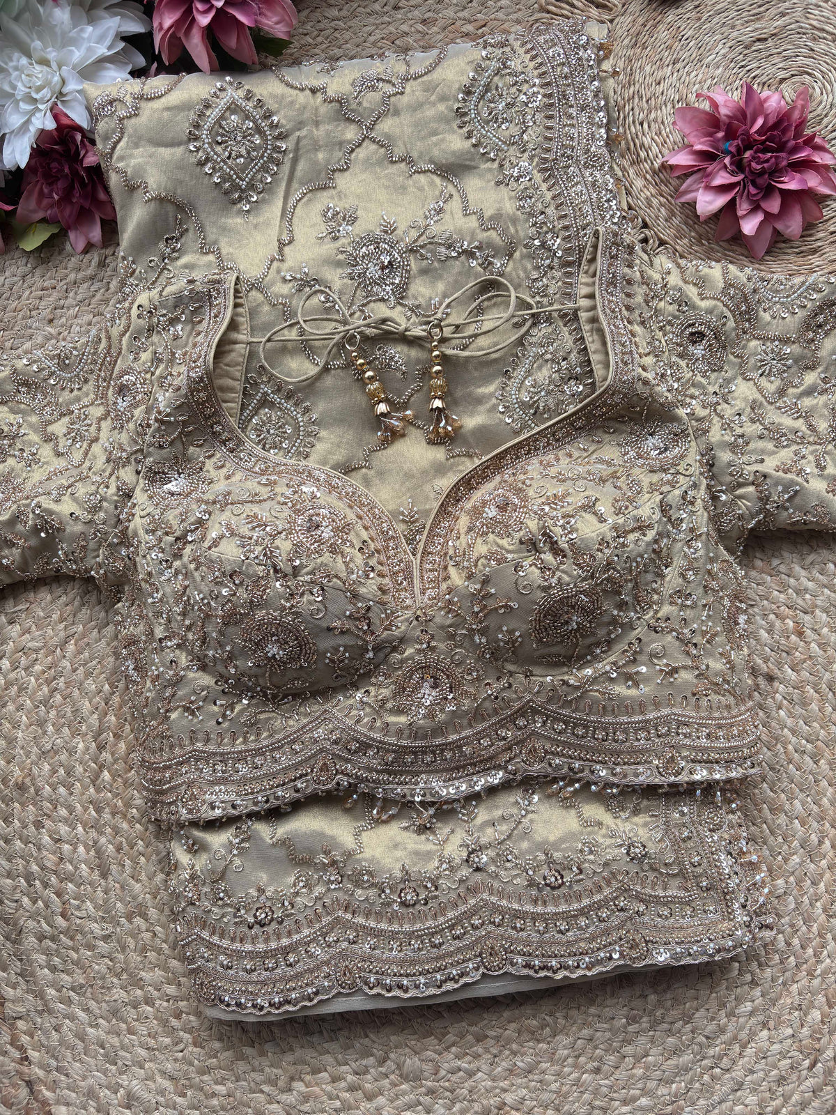 Champagne Beige Heavy Embroidered Saree with Designer Blouse
