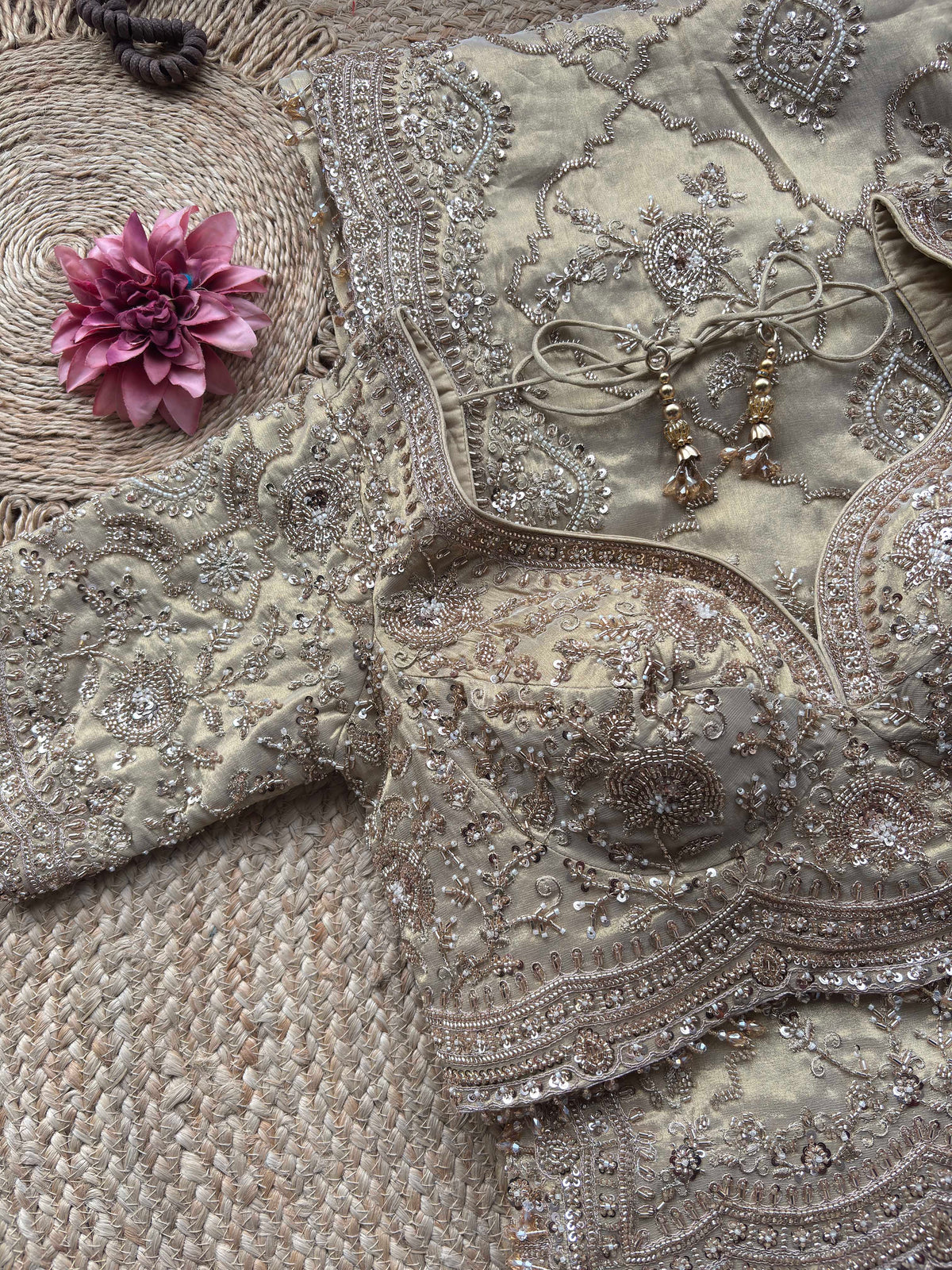 Champagne Beige Heavy Embroidered Saree with Designer Blouse