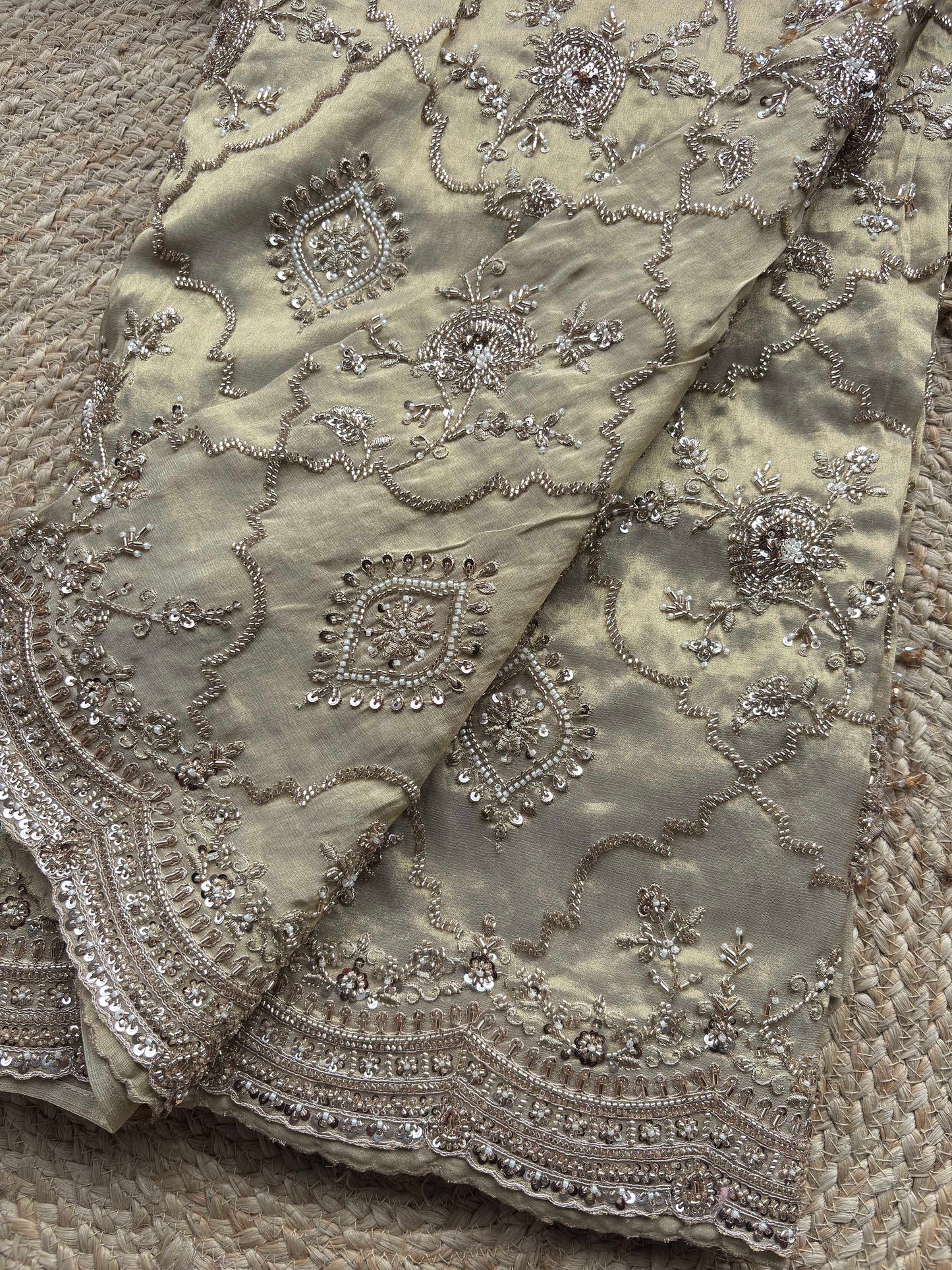 Champagne Beige Heavy Embroidered Saree with Designer Blouse