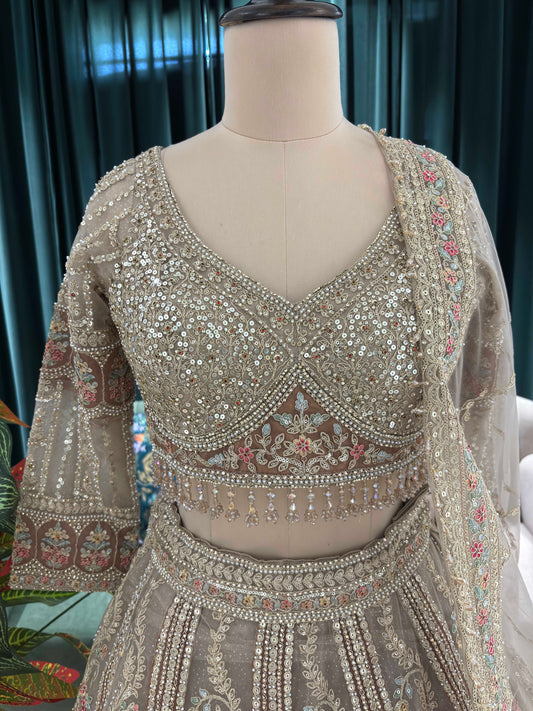 Gold Zari & Sequins Lehenga Paisley Motifs & Sequined Dupatta