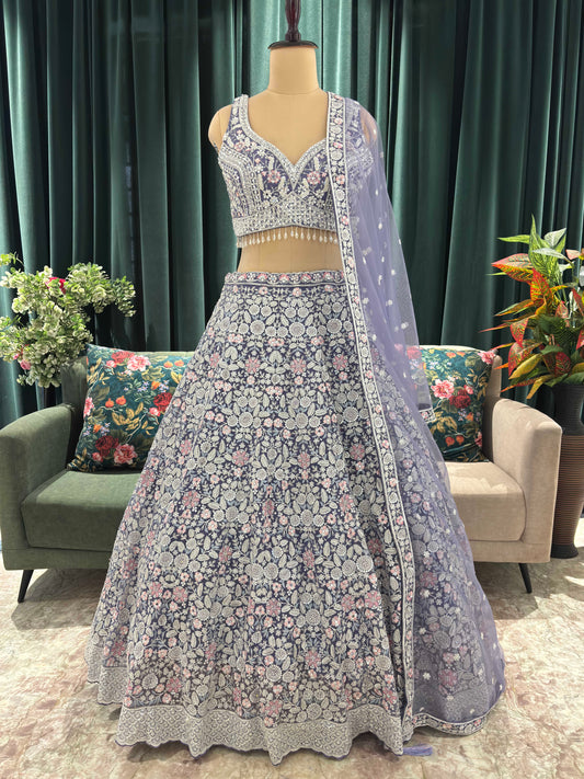 Grand Elegant Floral Embroidered Lehenga with Sheer Dupatta
