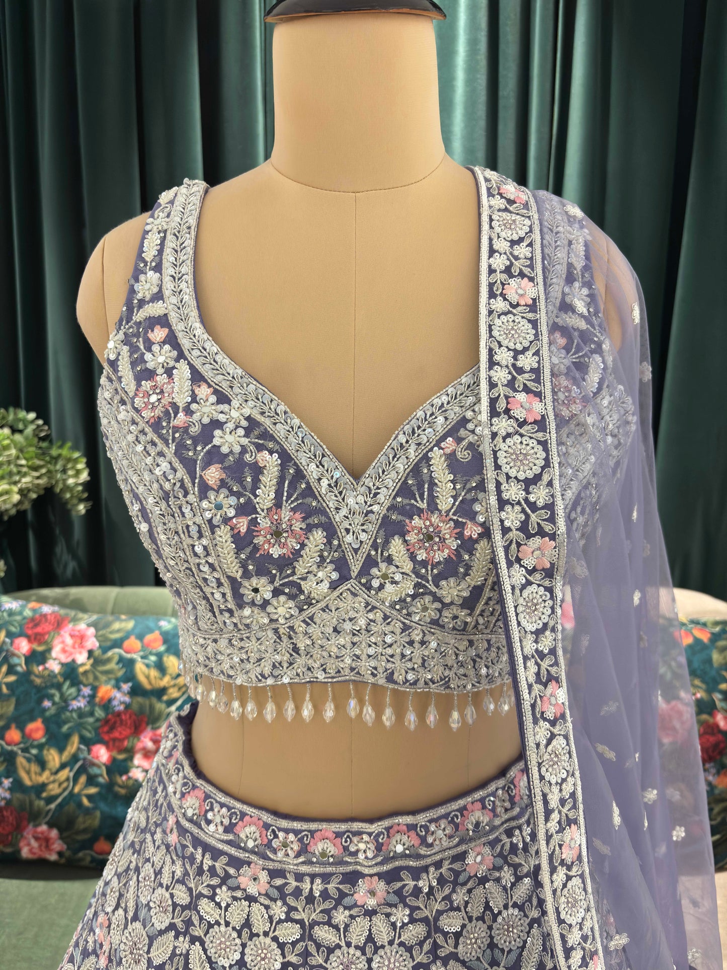 Grand Elegant Floral Embroidered Lehenga with Sheer Dupatta