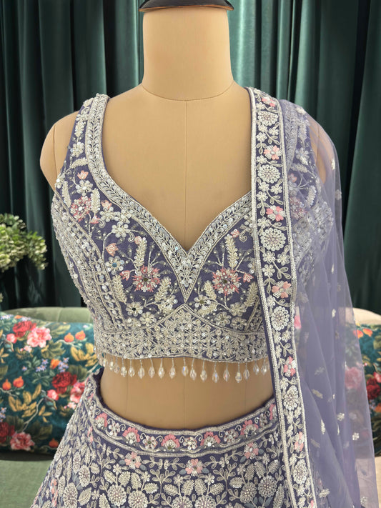 Grand Elegant Floral Embroidered Lehenga with Sheer Dupatta