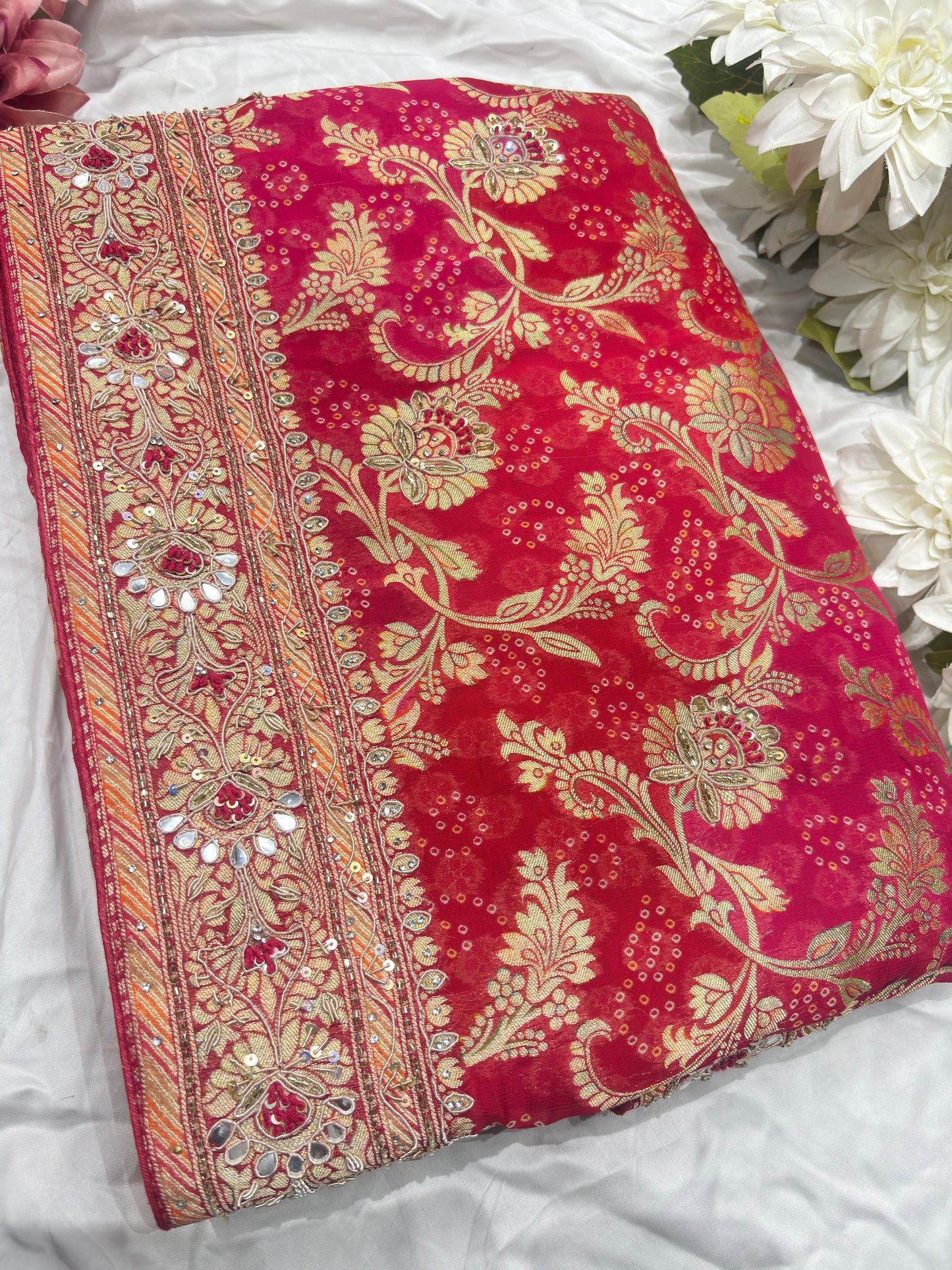 Red Rani Khaddi Georgette Saree with Heavy Zari & Mirror Embroidery
