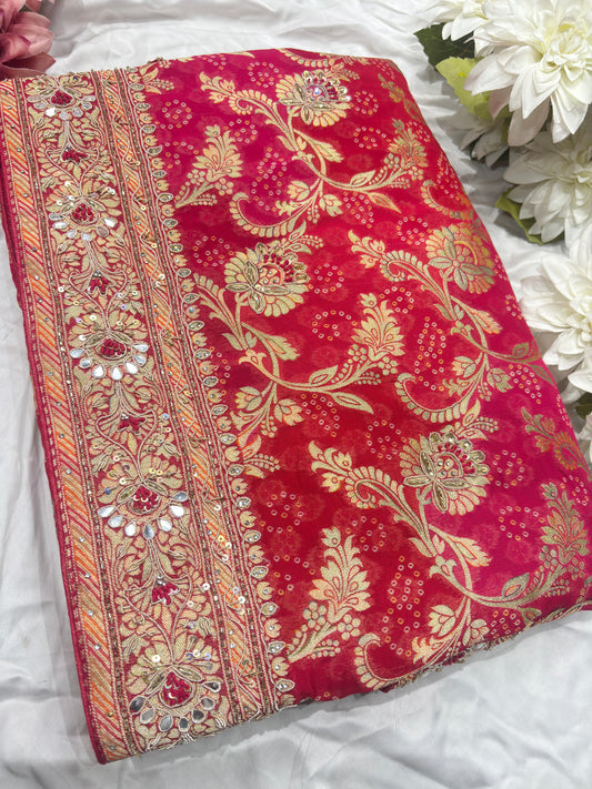 Red Rani Khaddi Georgette Saree with Heavy Zari & Mirror Embroidery