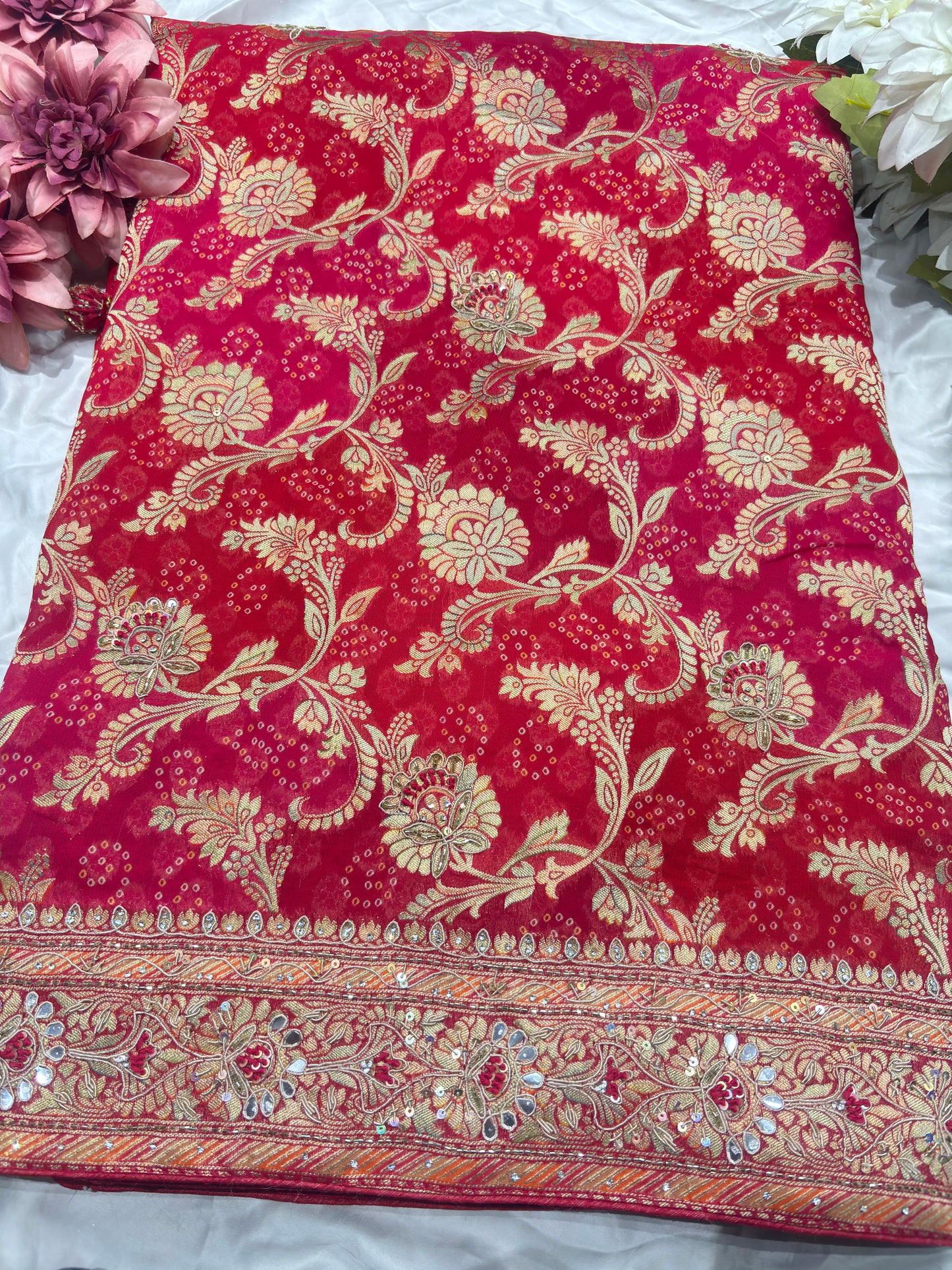 Red Rani Khaddi Georgette Saree with Heavy Zari & Mirror Embroidery