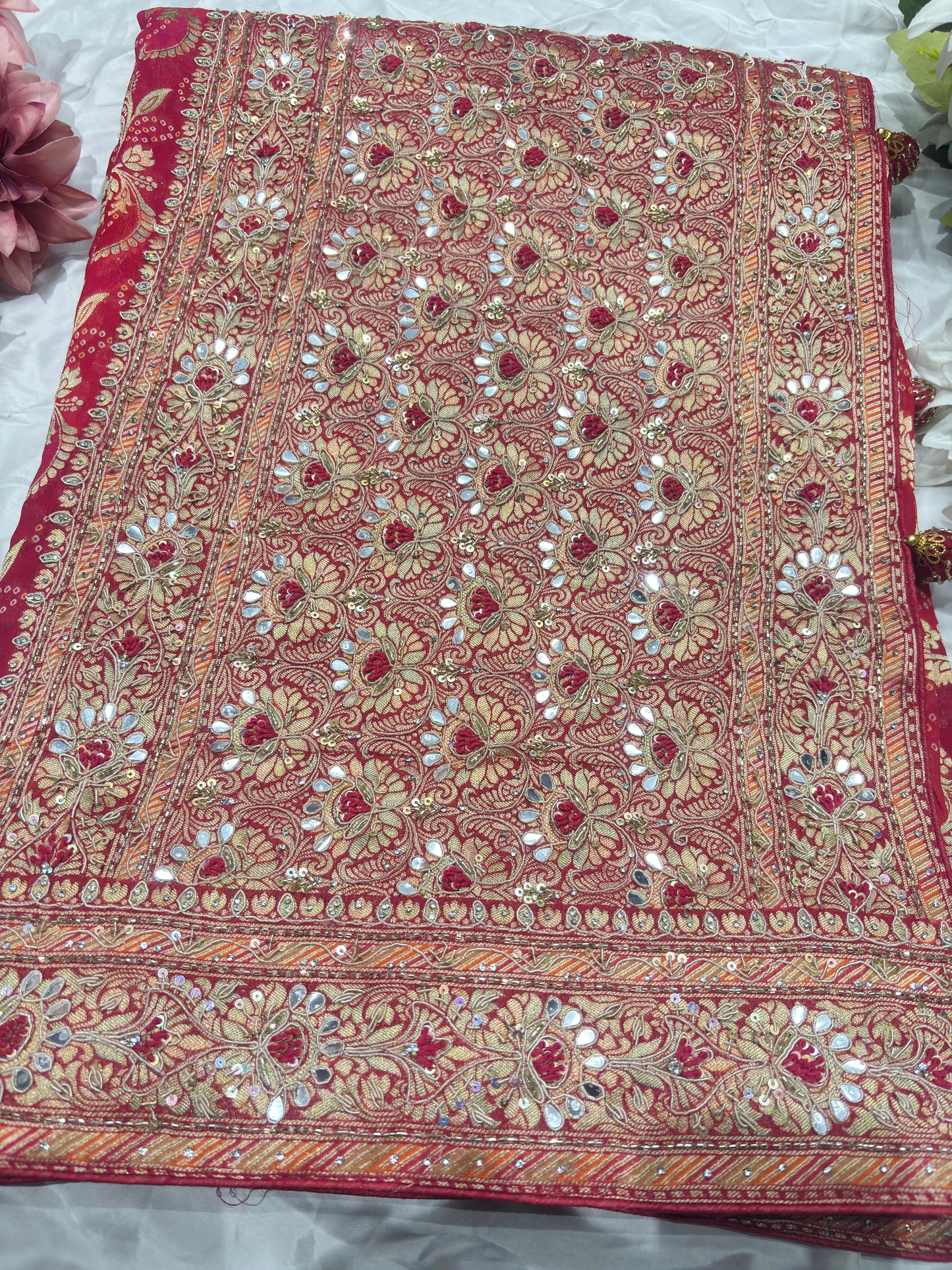 Red Rani Khaddi Georgette Saree with Heavy Zari & Mirror Embroidery