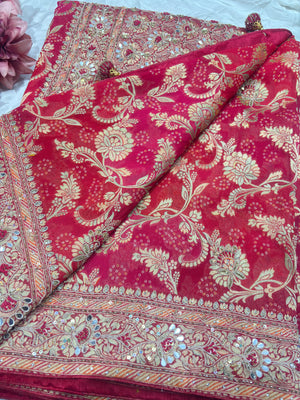 Red Rani Khaddi Georgette Saree with Heavy Zari & Mirror Embroidery