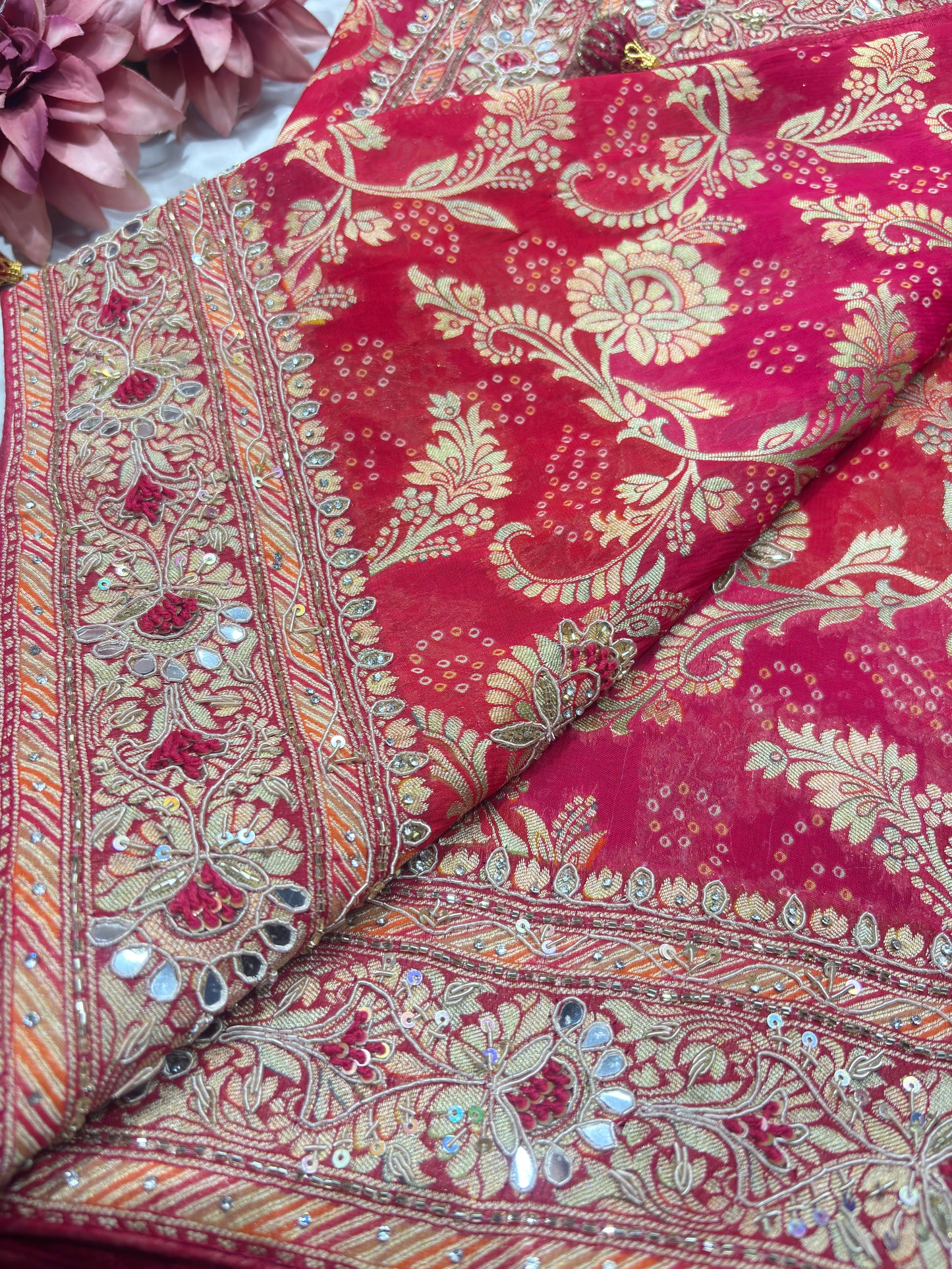 Red Rani Khaddi Georgette Saree with Heavy Zari & Mirror Embroidery