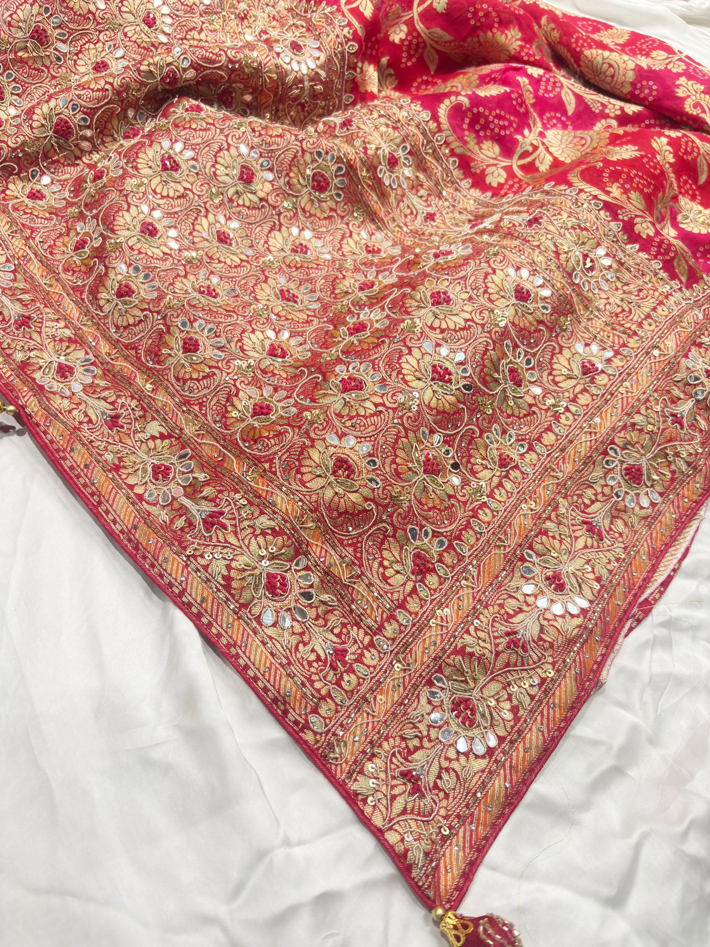 Red Rani Khaddi Georgette Saree with Heavy Zari & Mirror Embroidery