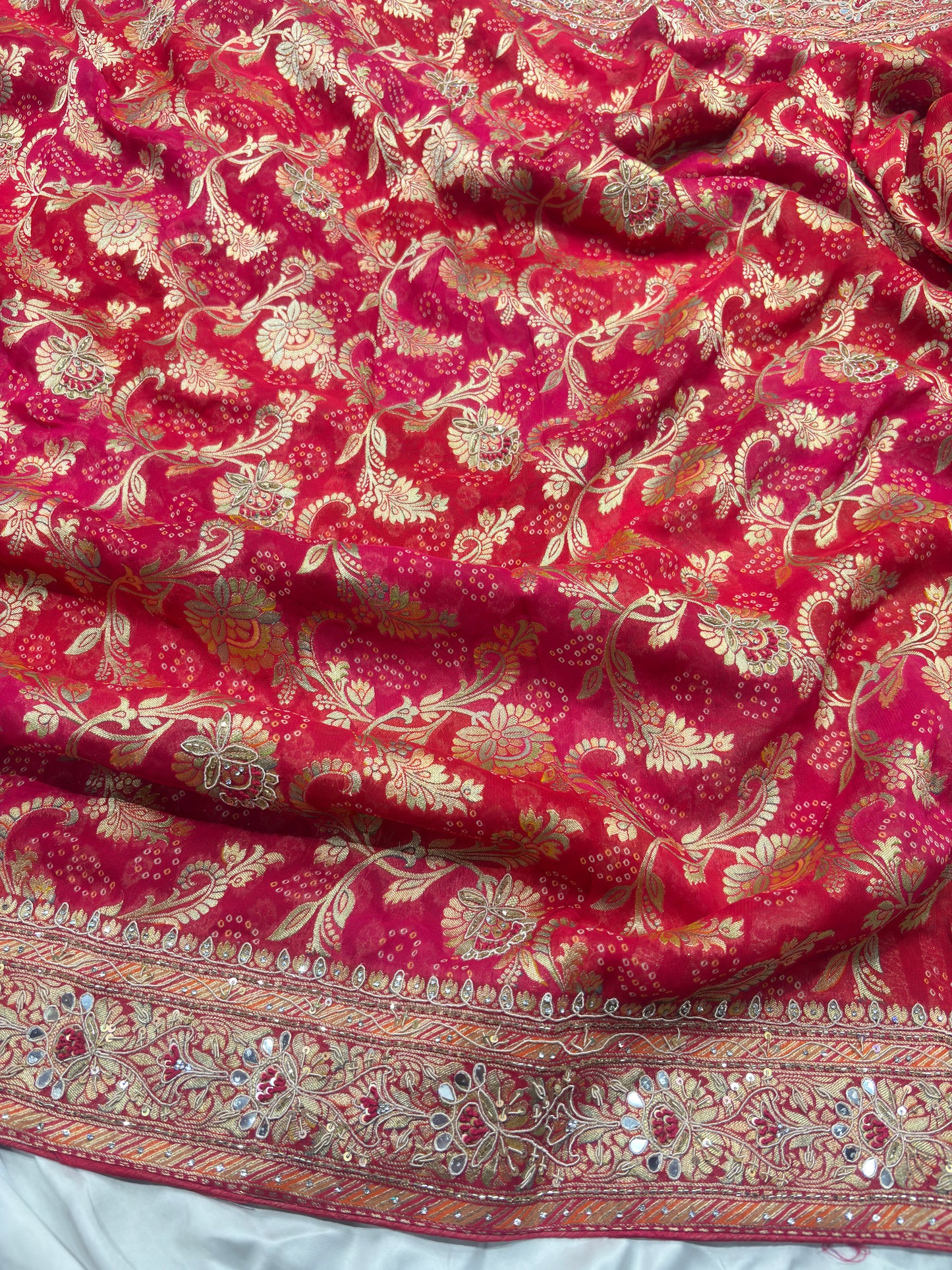 Red Rani Khaddi Georgette Saree with Heavy Zari & Mirror Embroidery