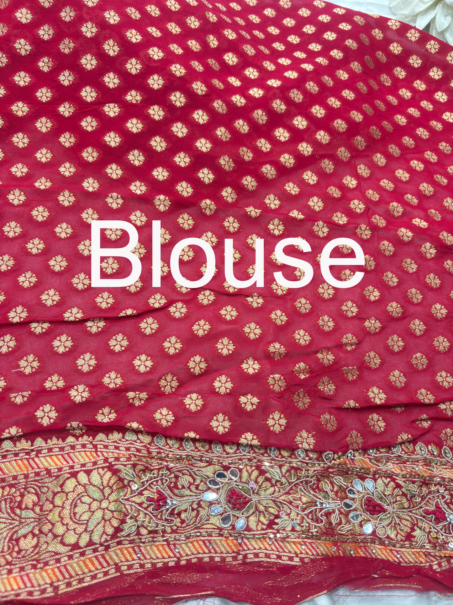 Red Rani Khaddi Georgette Saree with Heavy Zari & Mirror Embroidery