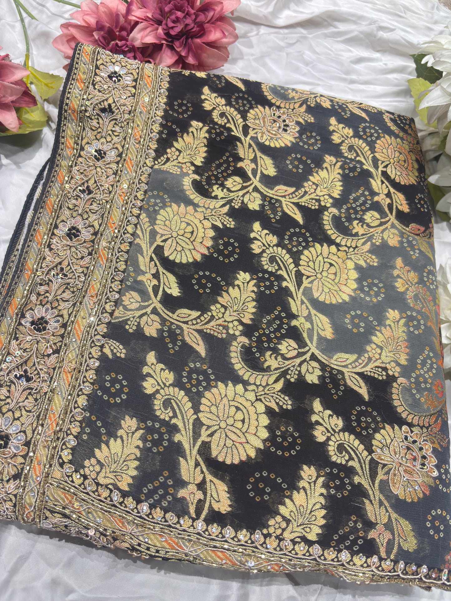 Black Designer Khaddi Georgette Saree with Gold Floral Weaving & Embroidered Border