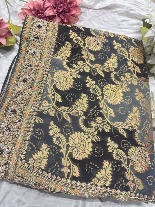 Black Designer Khaddi Georgette Saree with Gold Floral Weaving & Embroidered Border