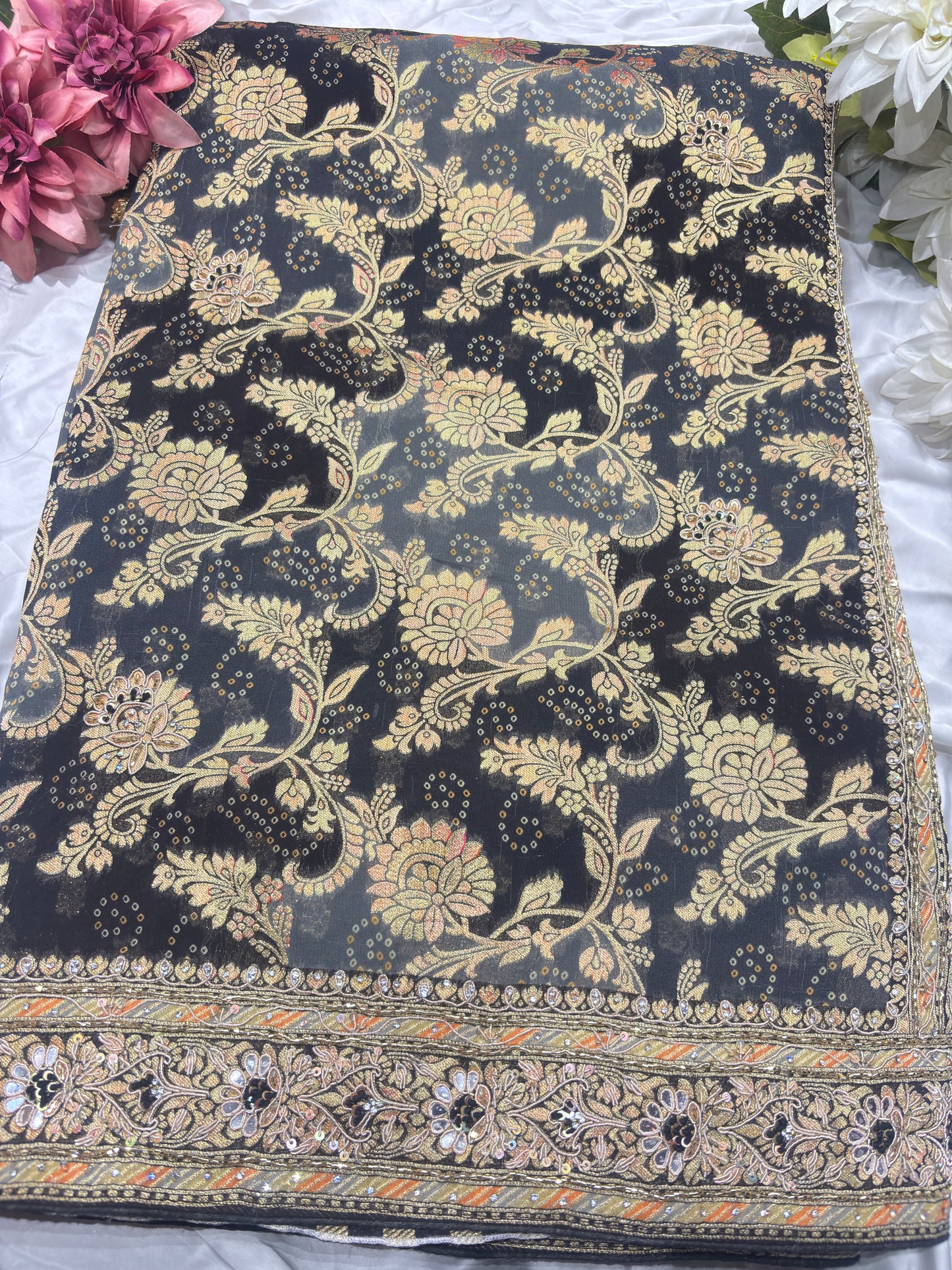 Black Designer Khaddi Georgette Saree with Gold Floral Weaving & Embroidered Border