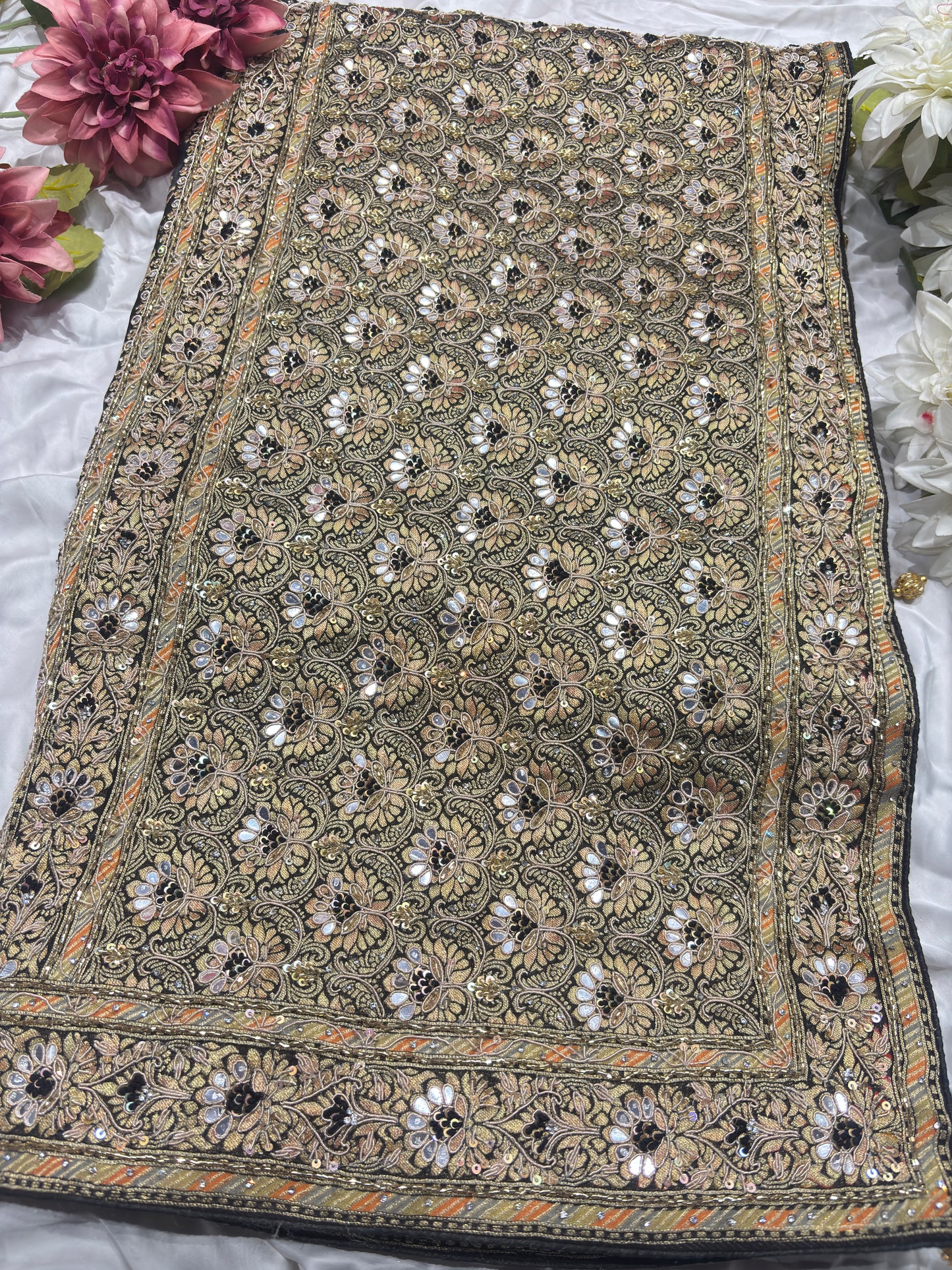 Black Designer Khaddi Georgette Saree with Gold Floral Weaving & Embroidered Border