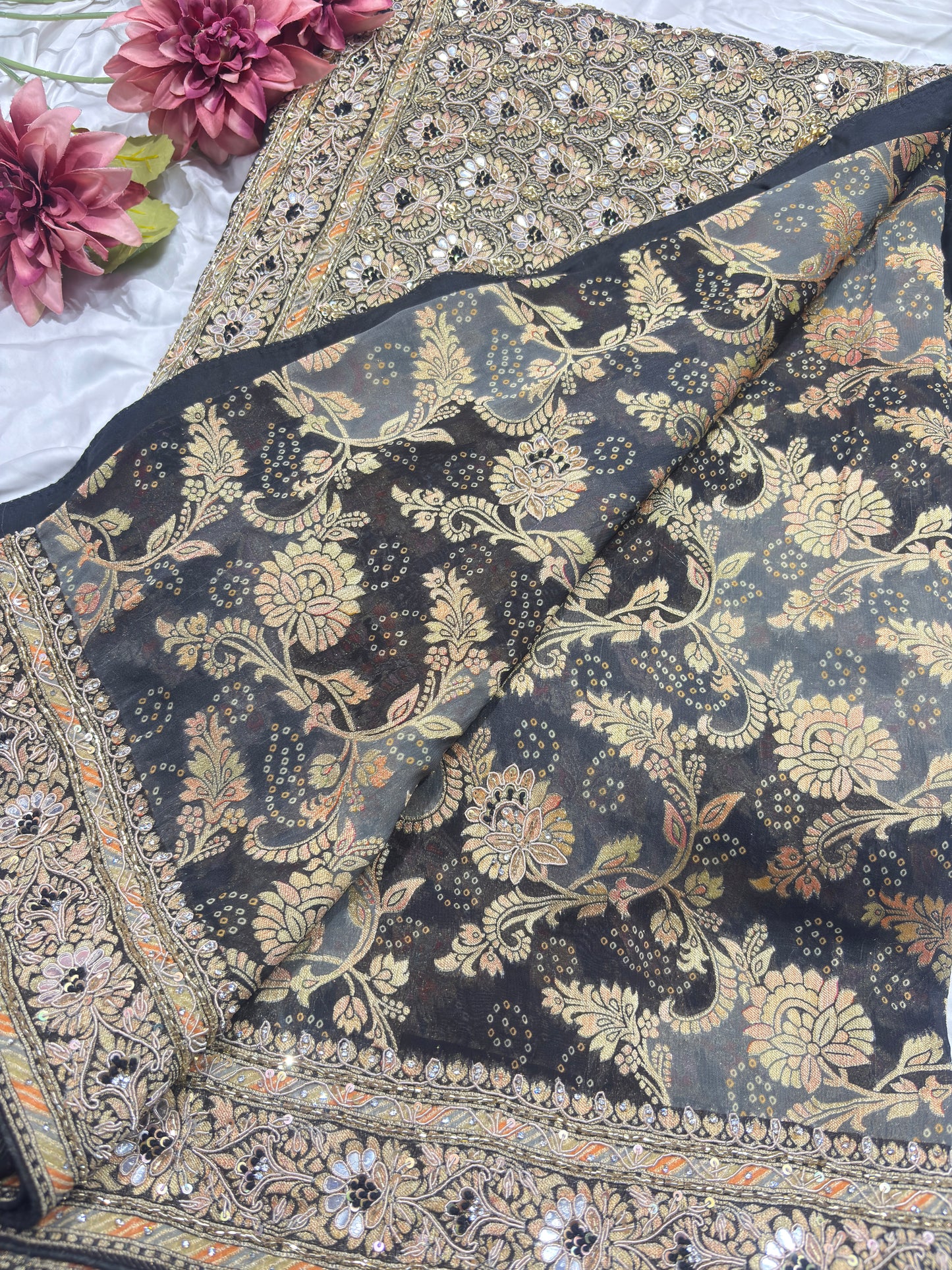 Black Designer Khaddi Georgette Saree with Gold Floral Weaving & Embroidered Border