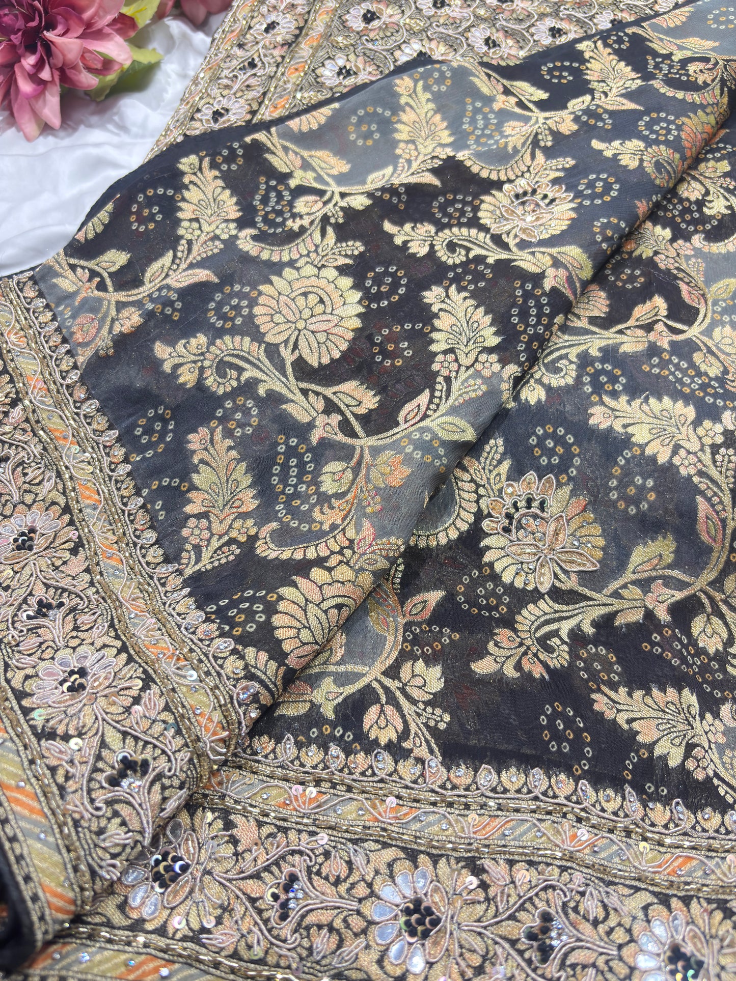 Black Designer Khaddi Georgette Saree with Gold Floral Weaving & Embroidered Border