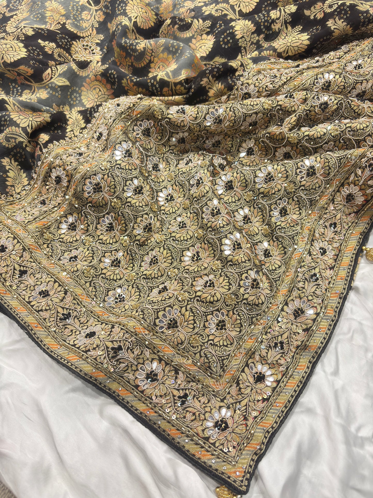 Black Designer Khaddi Georgette Saree with Gold Floral Weaving & Embroidered Border