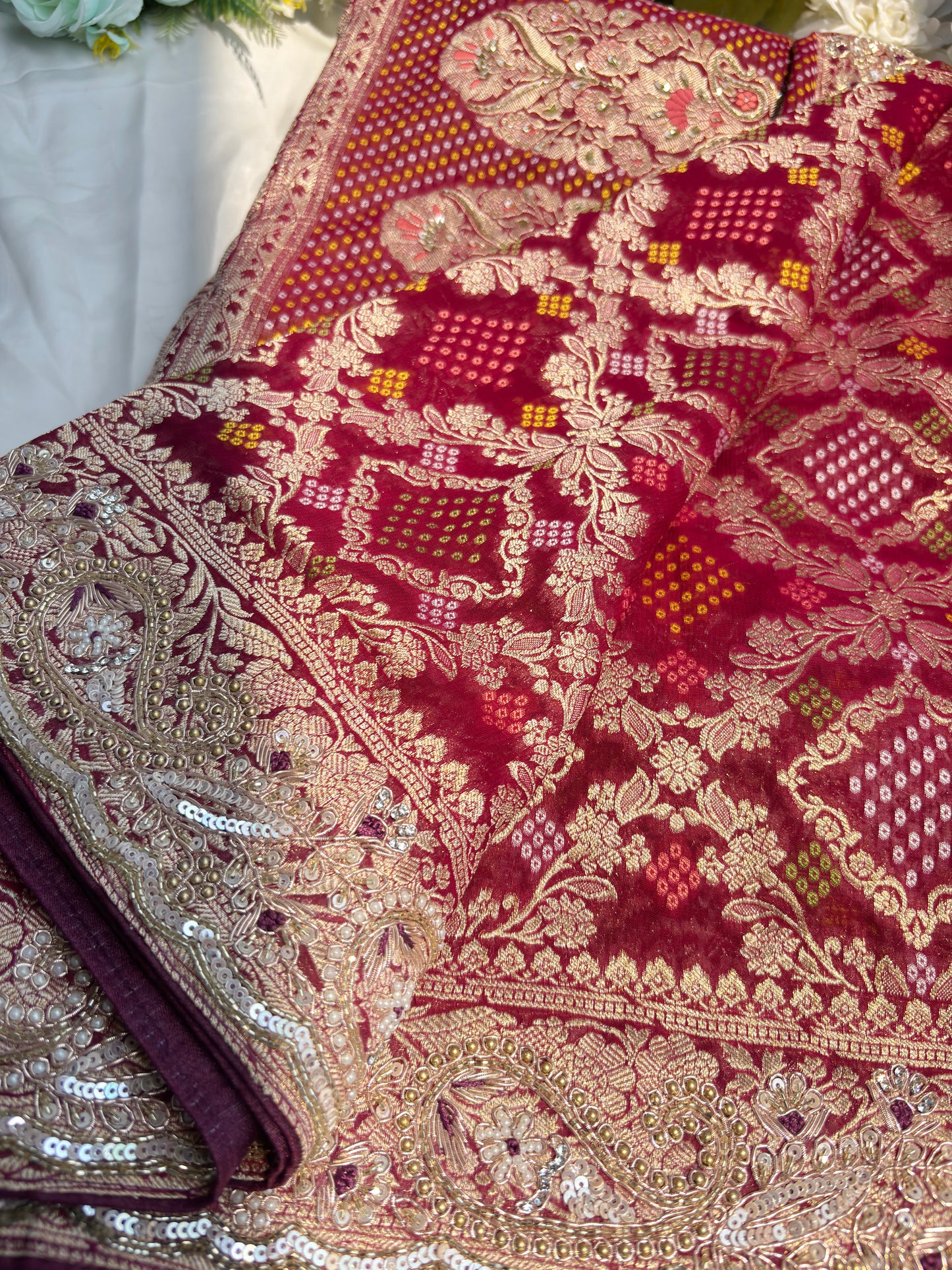 Grand Embroidered Designer Saree with Gold Motifs & Sequins
