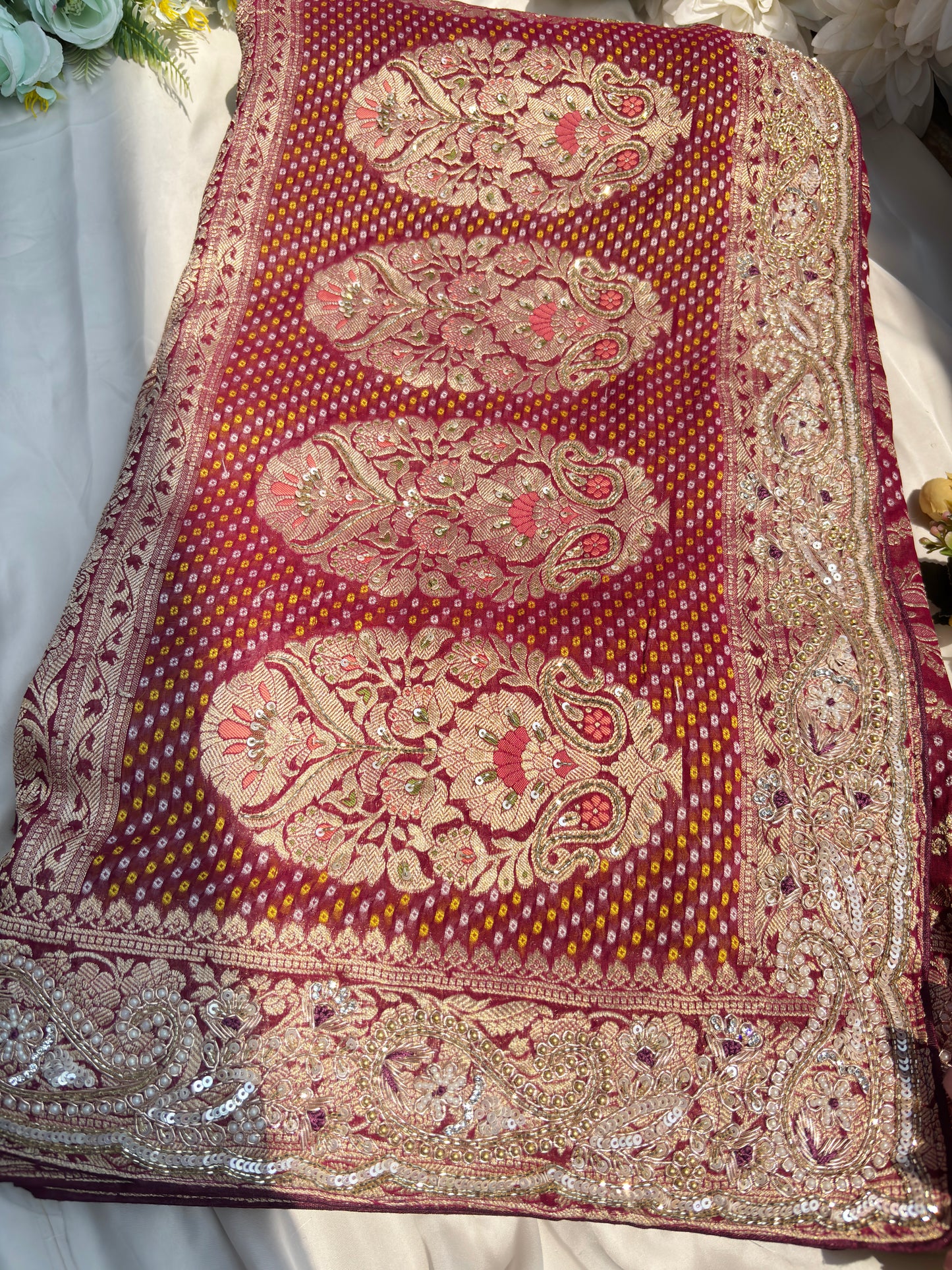 Grand Embroidered Designer Saree with Gold Motifs & Sequins