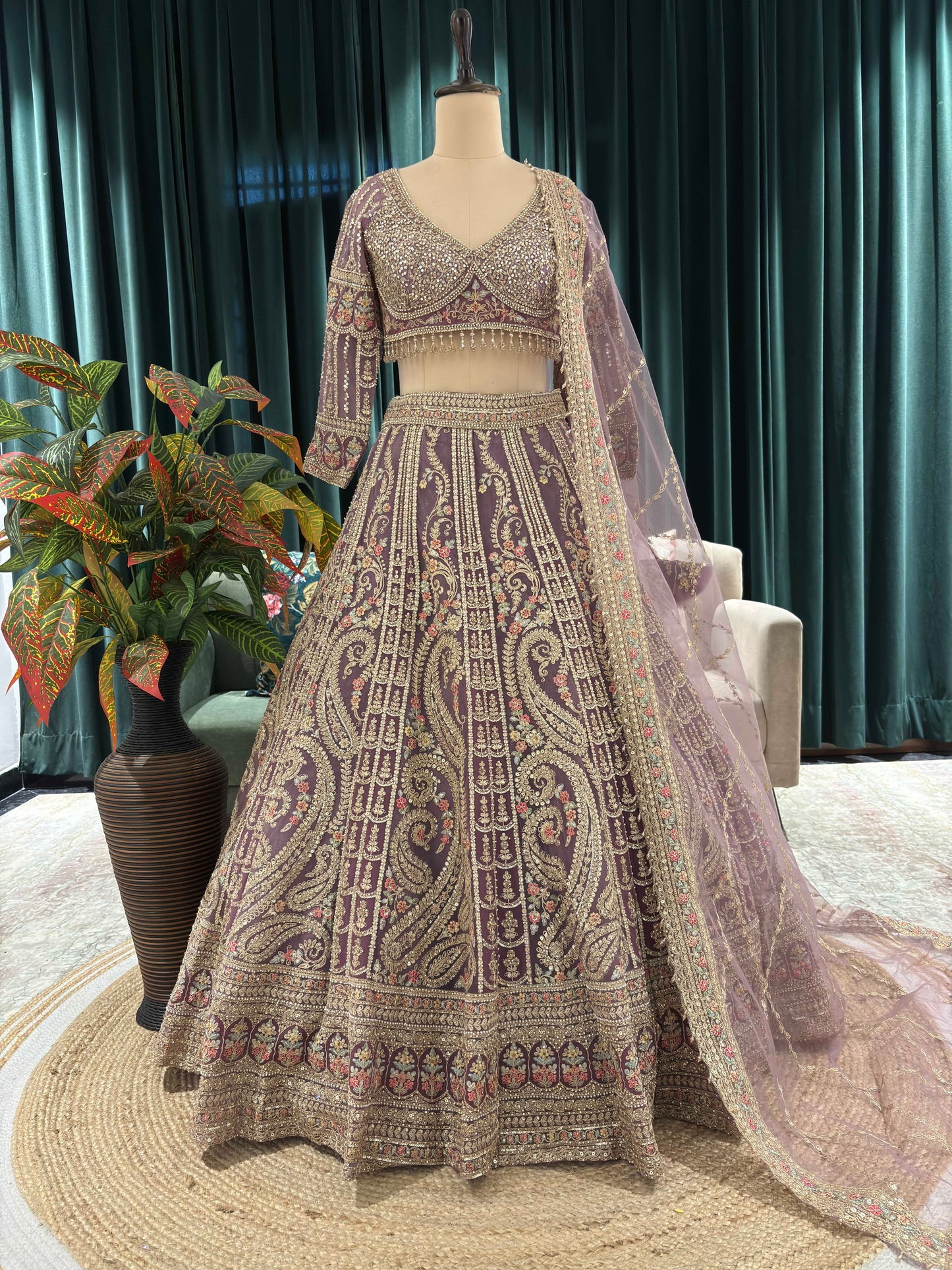 Hand-Embroidered Lehenga with Paisley Motifs and Sheer Dupatta