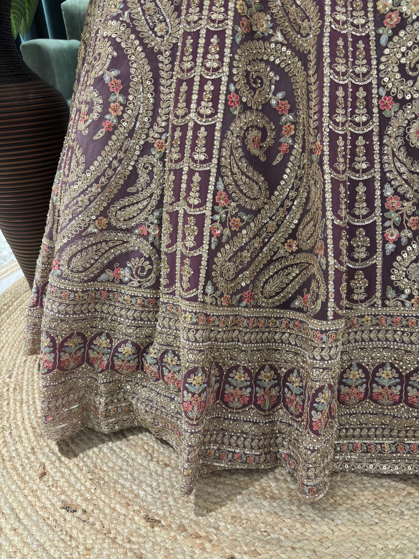 Hand-Embroidered Lehenga with Paisley Motifs and Sheer Dupatta