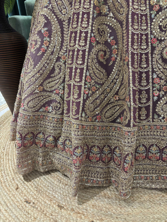 Hand-Embroidered Lehenga with Paisley Motifs and Sheer Dupatta