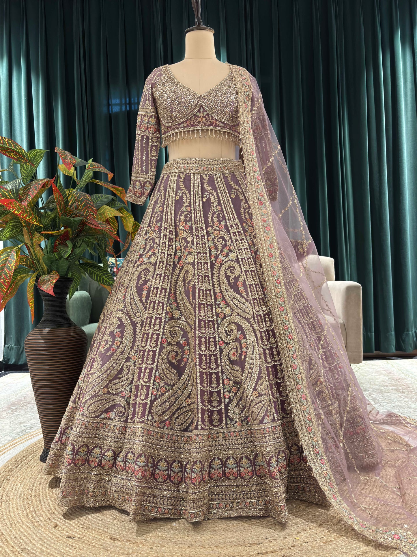 Gold Zari & Sequins Lehenga Paisley Motifs & Sequined Dupatta