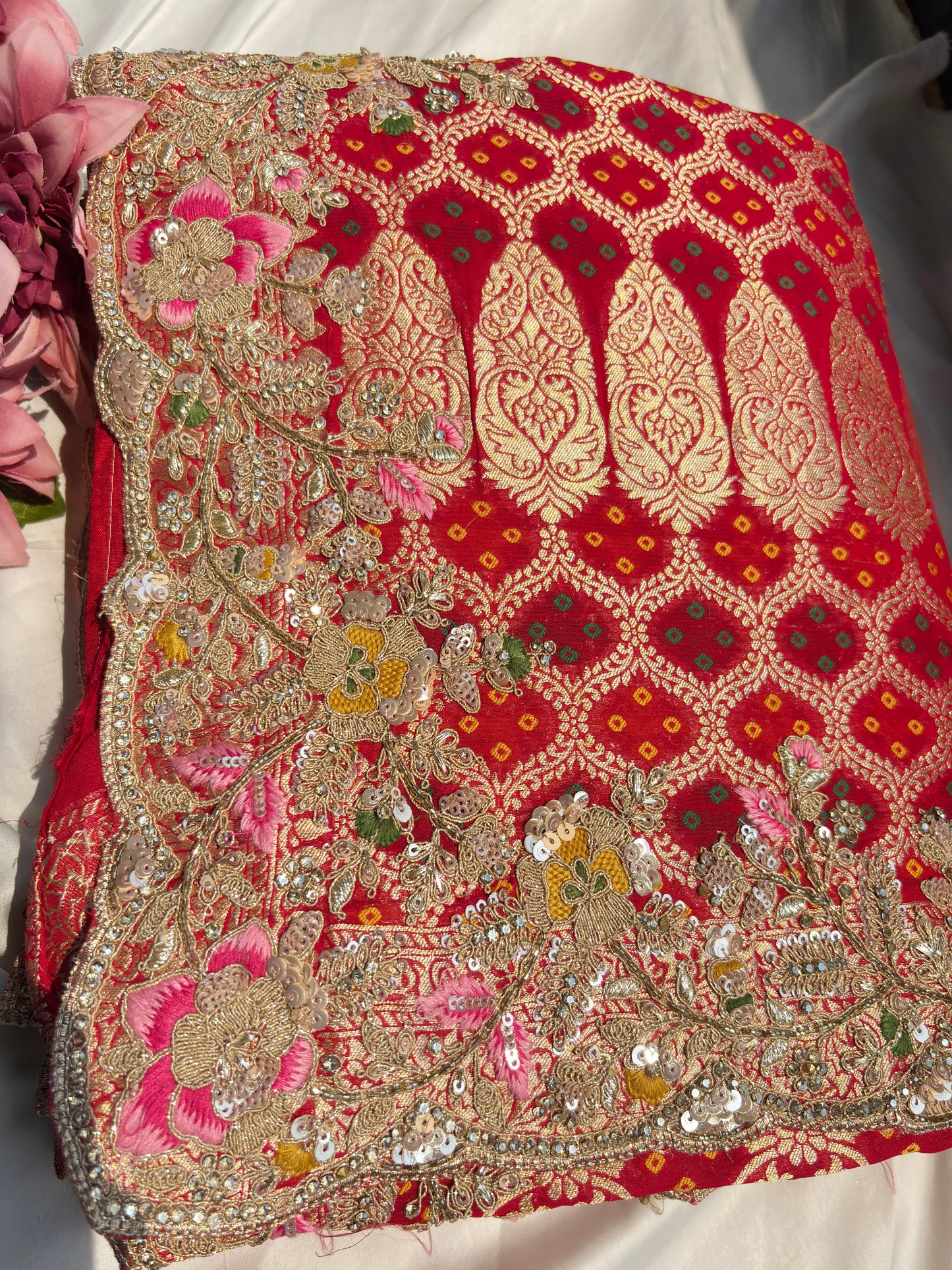 Red Colour Embroidered Saree with Gold Detailing & Motifs