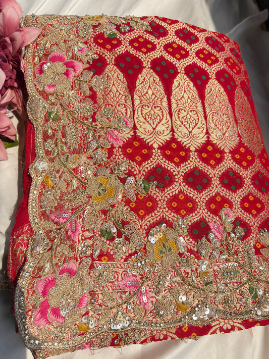 Red Colour Embroidered Saree with Gold Detailing & Motifs