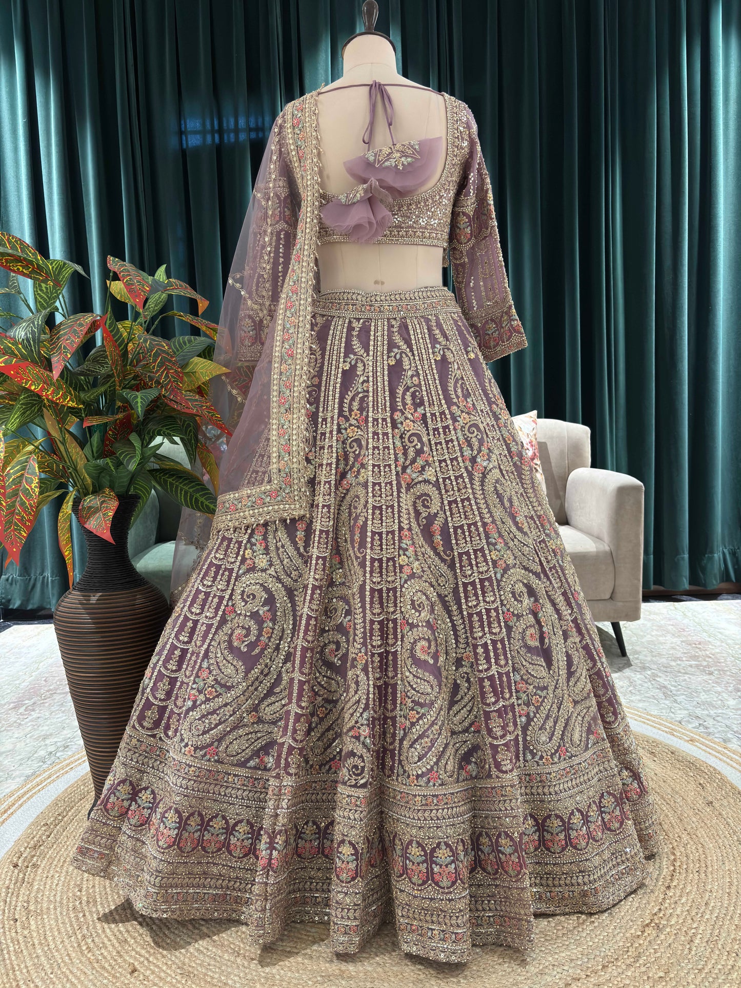 Hand-Embroidered Lehenga with Paisley Motifs and Sheer Dupatta