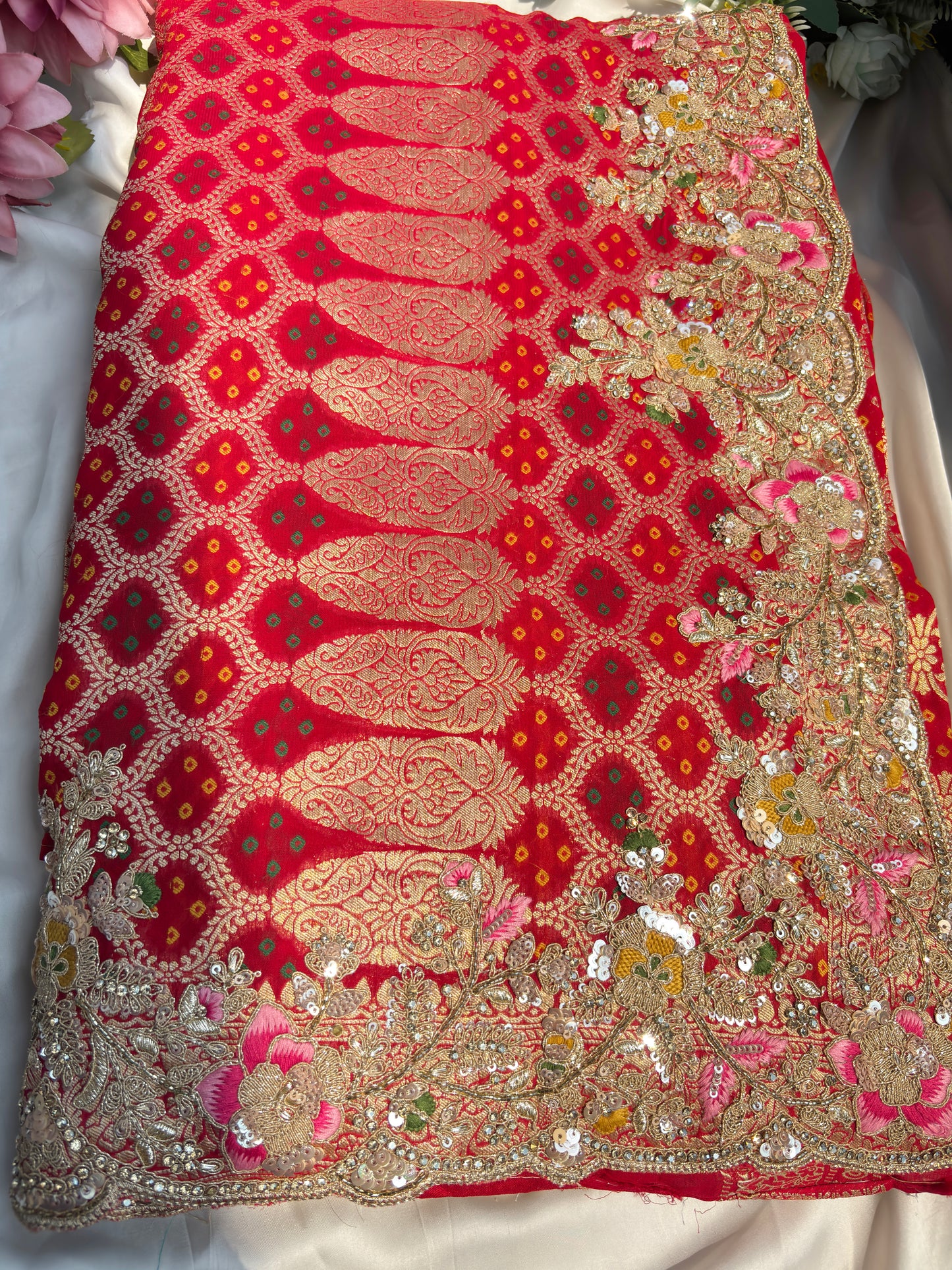 Red Colour Embroidered Saree with Gold Detailing & Motifs