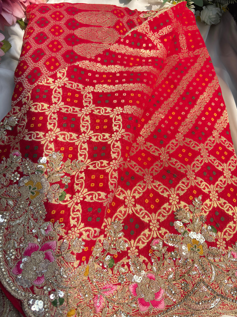 Red Colour Embroidered Saree with Gold Detailing & Motifs
