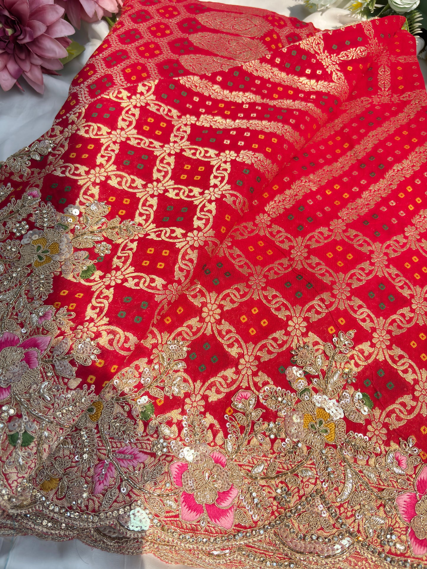 Red Colour Embroidered Saree with Gold Detailing & Motifs