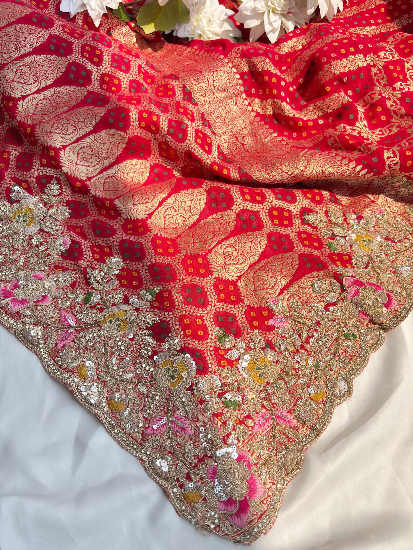 Red Colour Embroidered Saree with Gold Detailing & Motifs