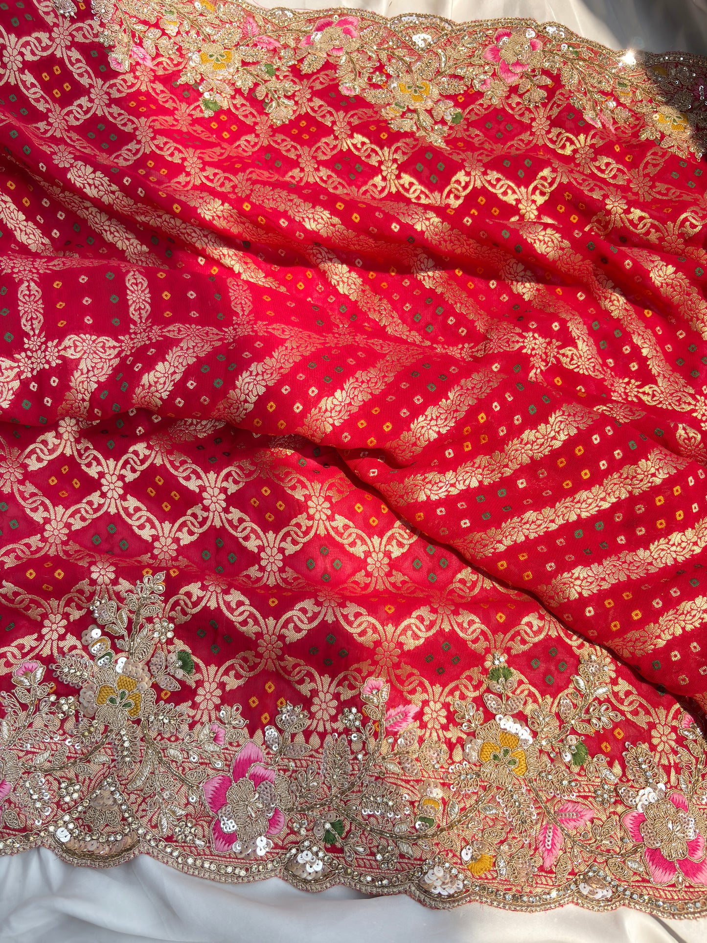 Red Colour Embroidered Saree with Gold Detailing & Motifs