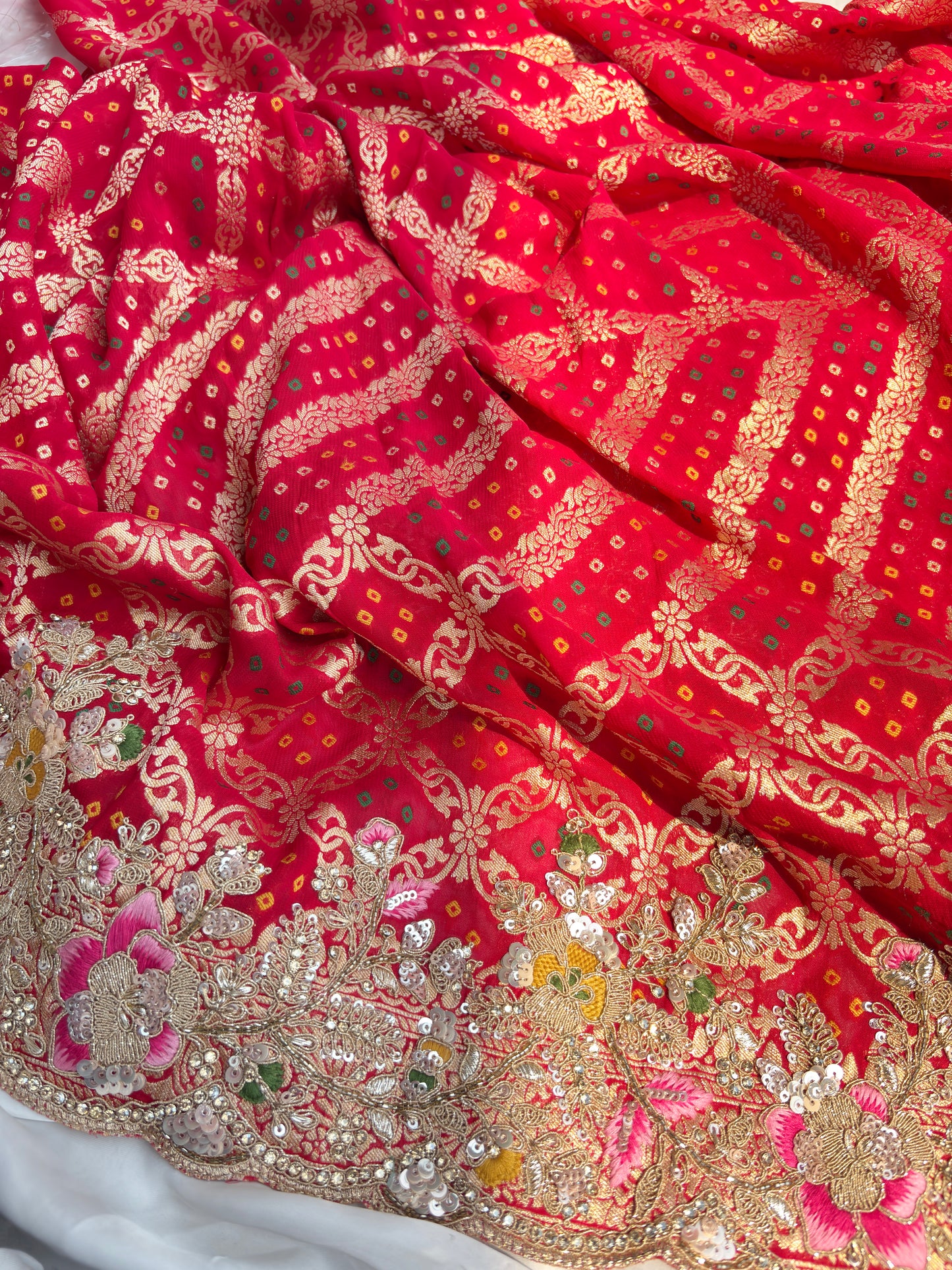 Red Colour Embroidered Saree with Gold Detailing & Motifs