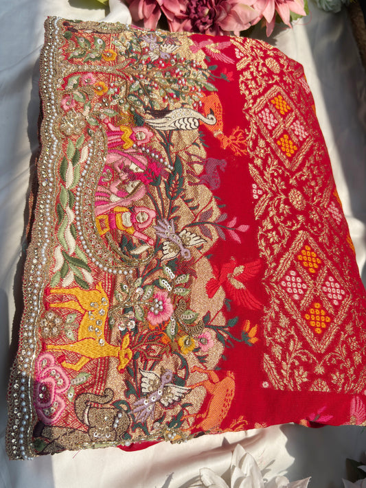 Grand Designer Embroidered Saree with Story Motifs & Sequins