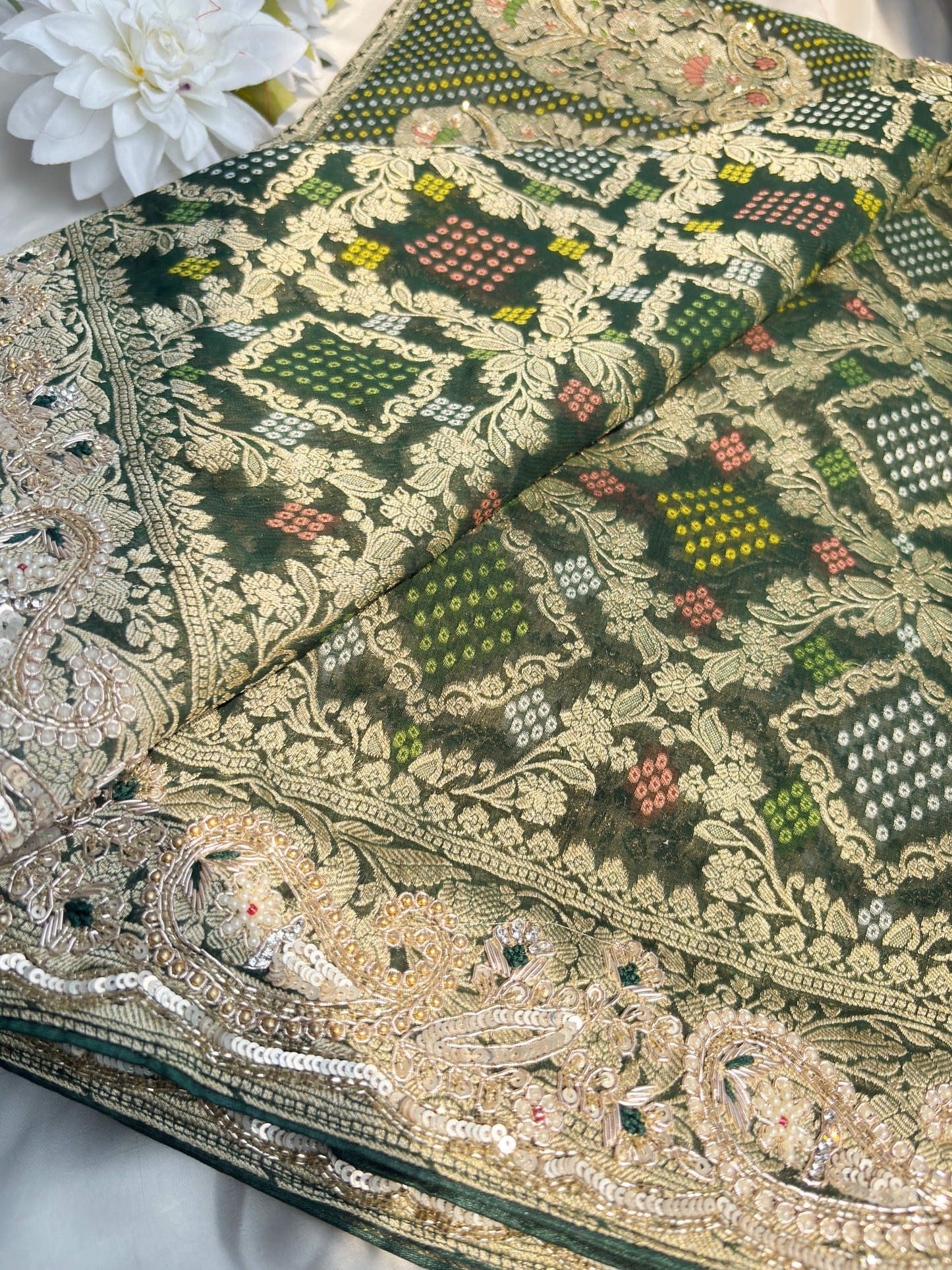 Grand Designer Khaddi Georgette Saree with Floral Motifs & Sequins