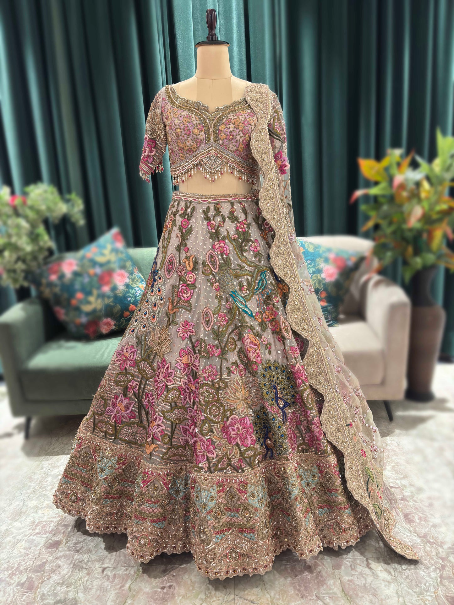 Multicolor Heavy Embroidered Designer Lehenga with Net Dupatta