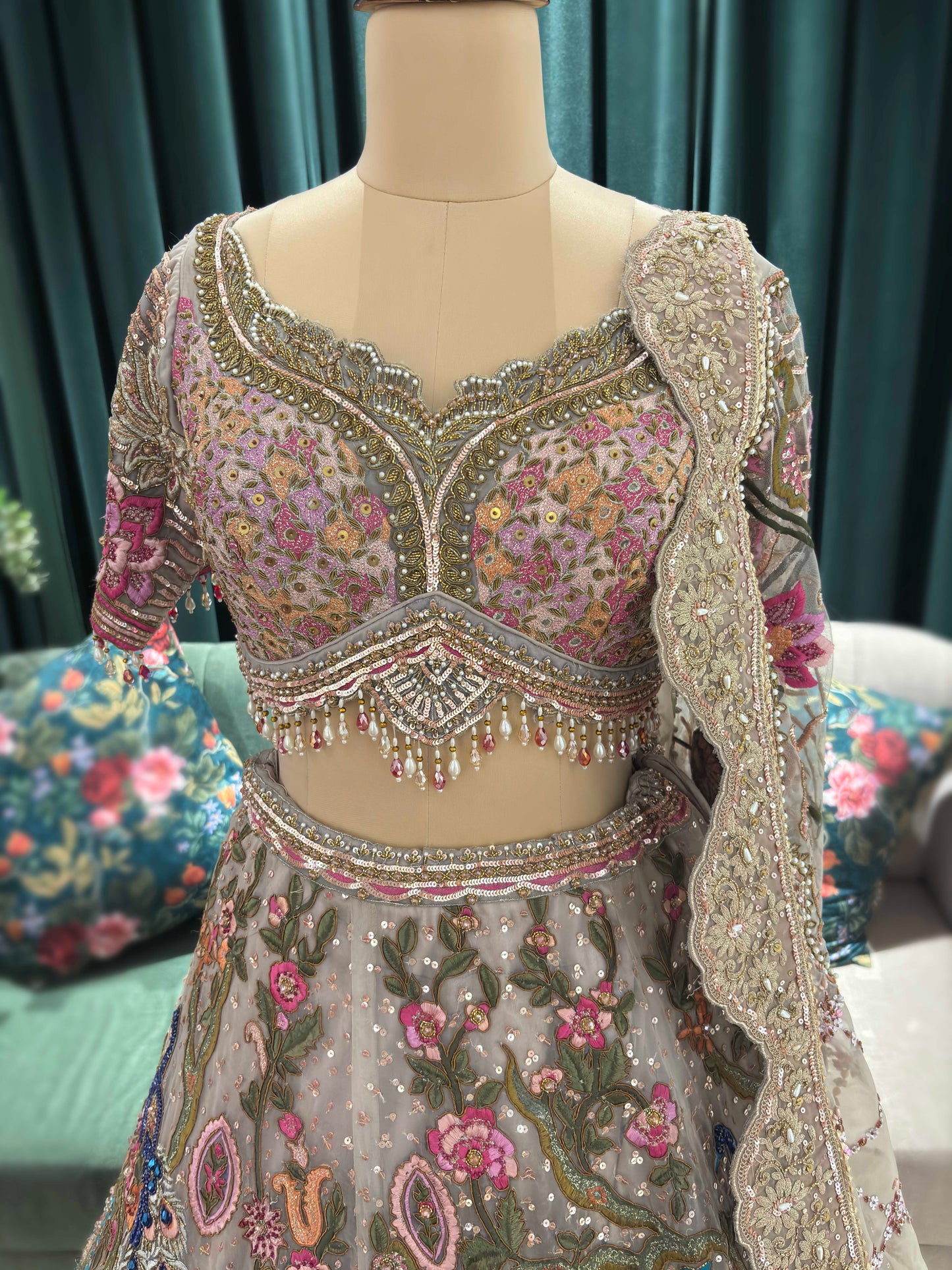 Multicolor Heavy Embroidered Designer Lehenga with Net Dupatta