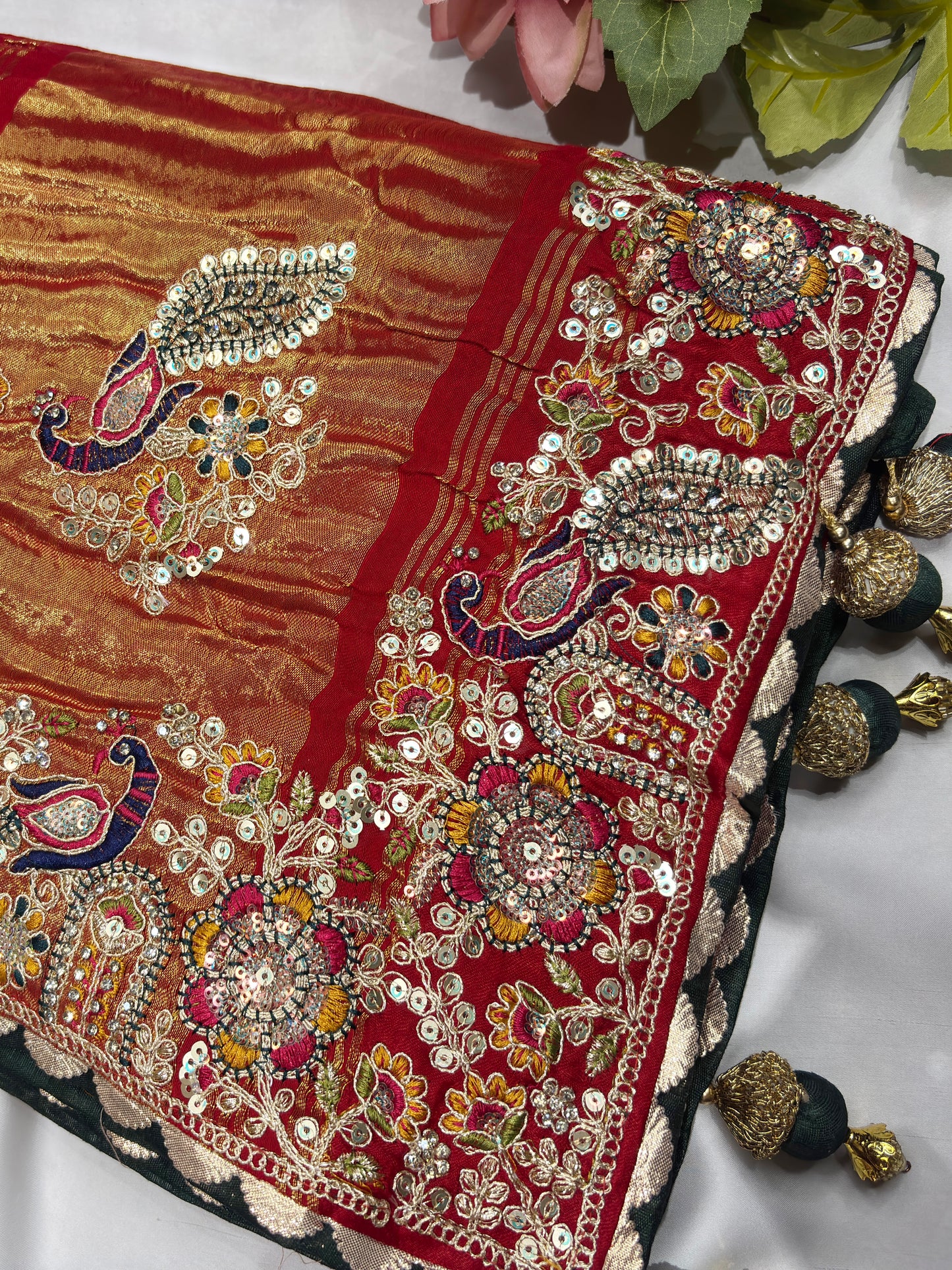 Gajji Silk Regal Red-Gold Embroidered Saree with Paisley Motifs