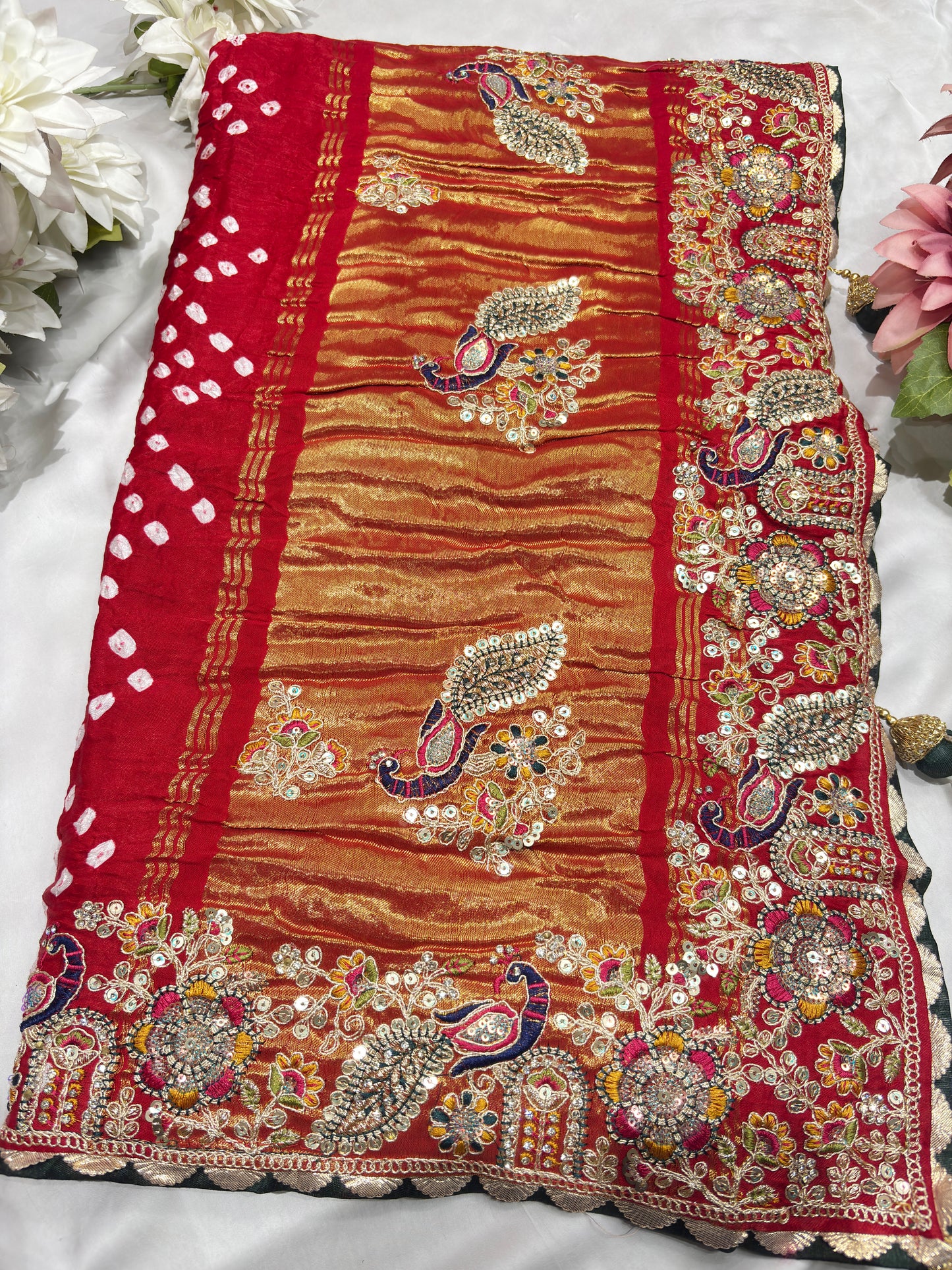 Gajji Silk Regal Red-Gold Embroidered Saree with Paisley Motifs